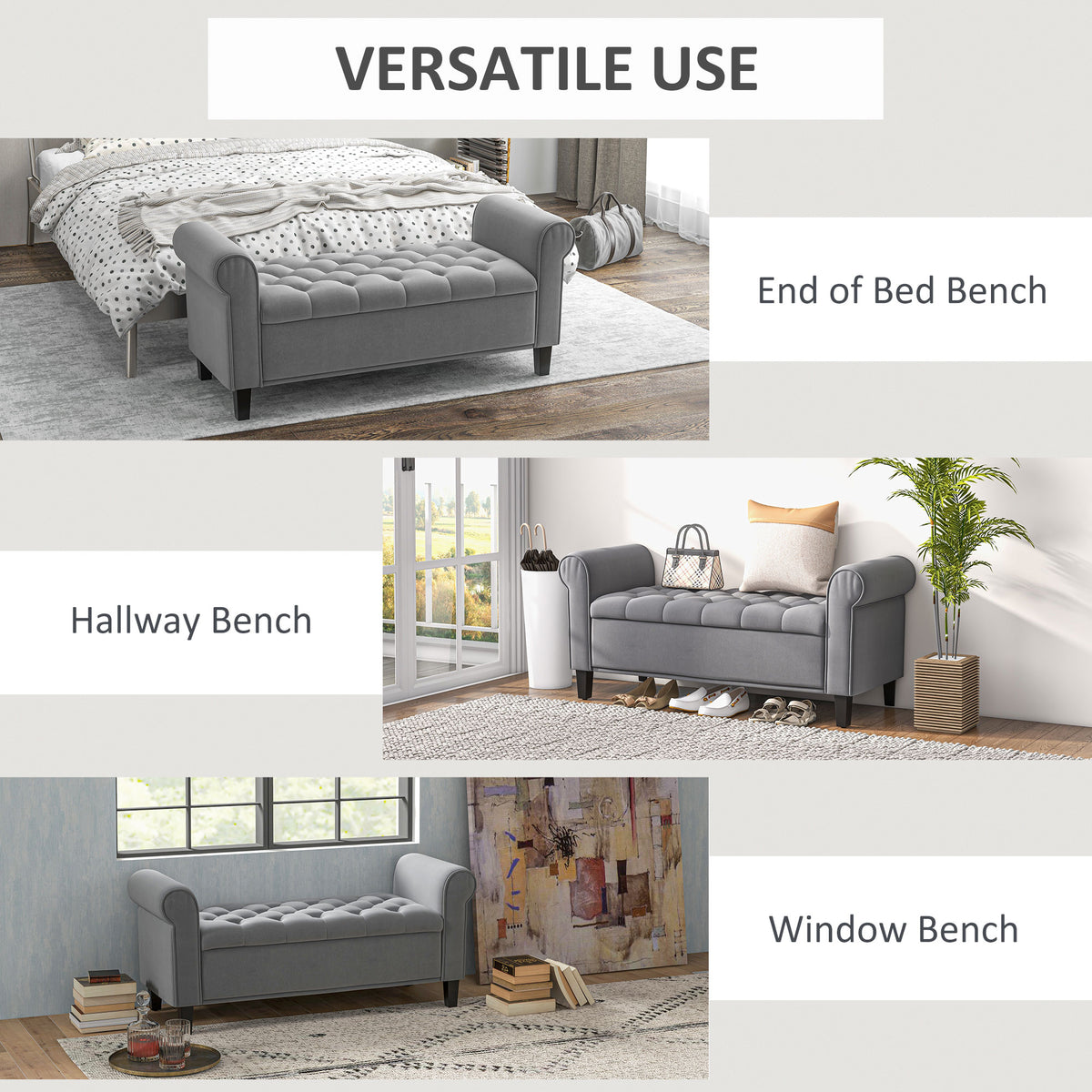 50 Inches Storage Ottoman, End of Bed Bench with Rolled Arms, Wood Legs, Button Tufted Storage Bench, Charcoal Gray