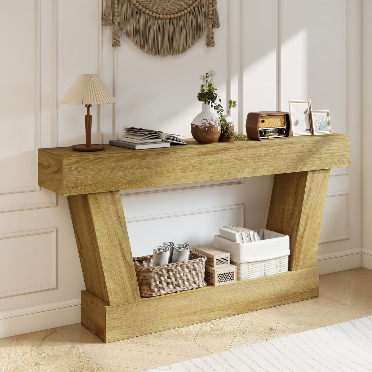 63 Inch Vintage Console Table, Narrow Entryway Table with Open Shelf for Living Room, Oak