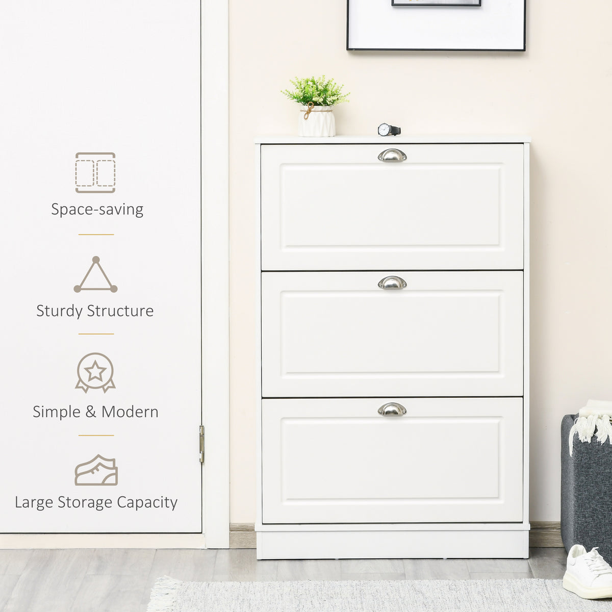 Shoe Cabinet, Narrow Shoe Storage Cabinet with 3 Flip Drawers, Holds 12 Pairs for Entryway, Hallway, White