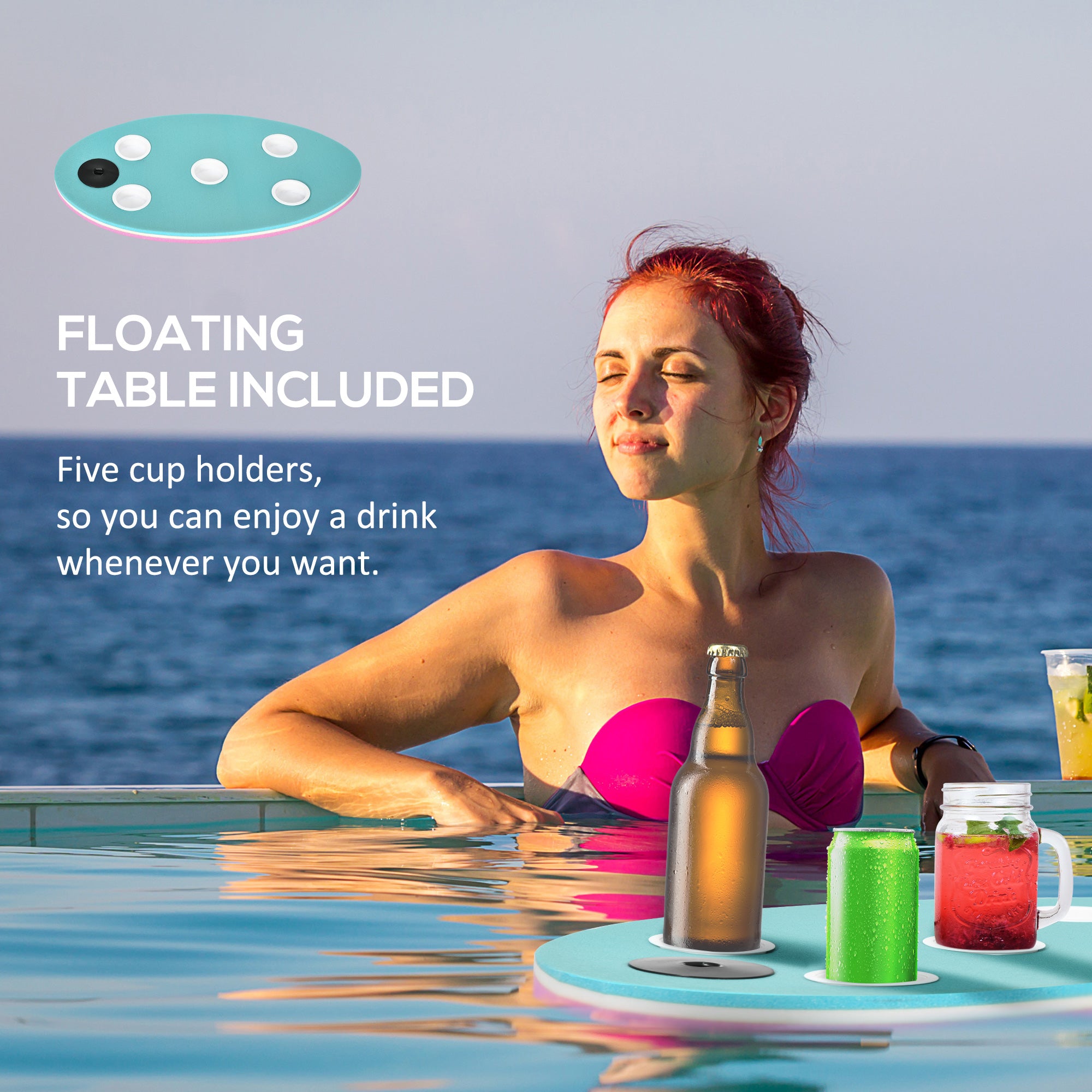 12' x 5' Lily Pad Floating Mat with Cup Holder Table, 3-Layer Portable Roll-Up Water Mat Float Dock for 2-3 People, on Lake, River, Beach, Swimming Pool, Pink