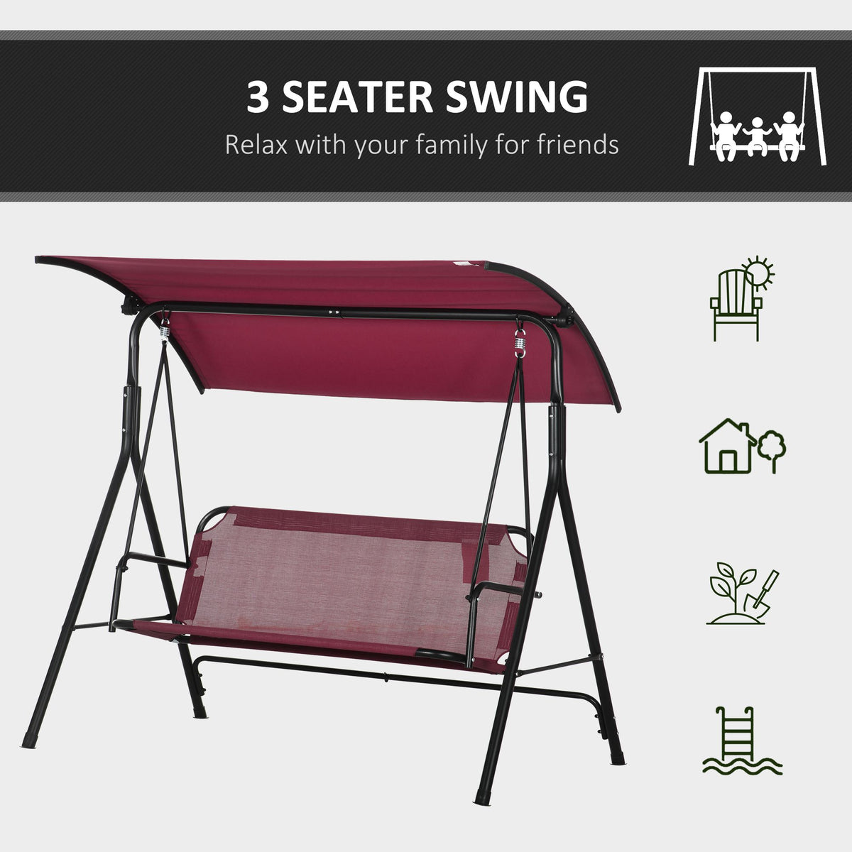 3-Person Porch Swing with Stand, Outdoor Swing for Patio Porch with Adjustable Tilt Canopy and Comfortable Swing Bench-Style Seat, Steel Frame, Wine Red