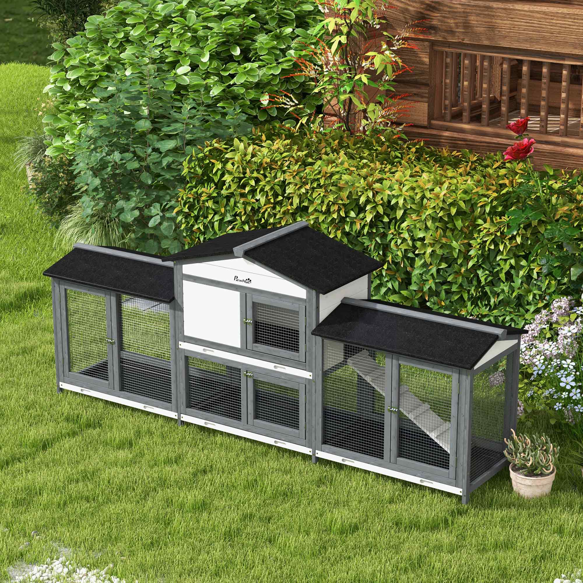 90.5" Wooden Rabbit Hutch Bunny Cage Pet Playpen House Enclosure with Double Side Run Boxes, No Leak Tray, Ramp, for Rabbits, Chickens, Ducks, Guinea Pig and Small Animals, Light Gray - Light Gray - Image 8