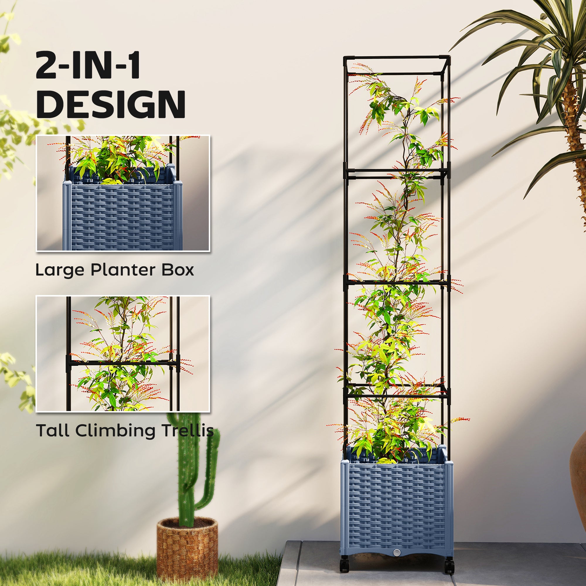 Raised Garden Bed with Trellis, Tomato Cage with Lockable Wheels, Self Watering Planter Box with Drainage Holes, Gray - Gray - Image 4