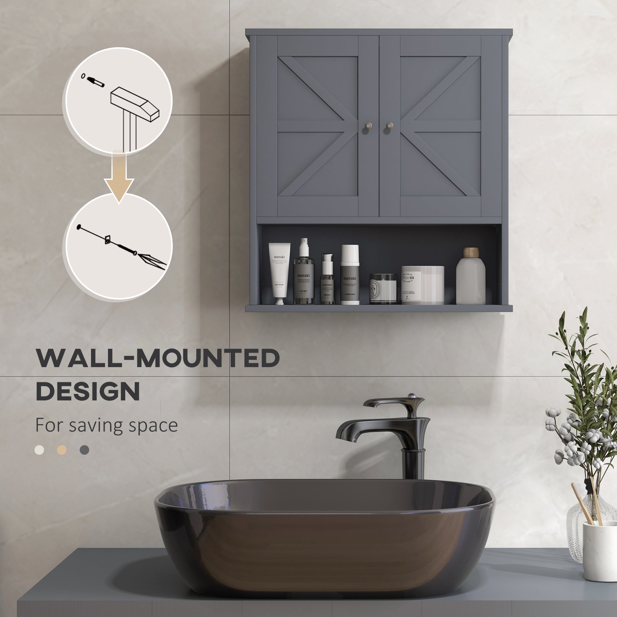 Farmhouse Bathroom Medicine Cabinet, Wall Cabinet with Barn Doors and Adjustable Shelf for Laundry Room, Gray