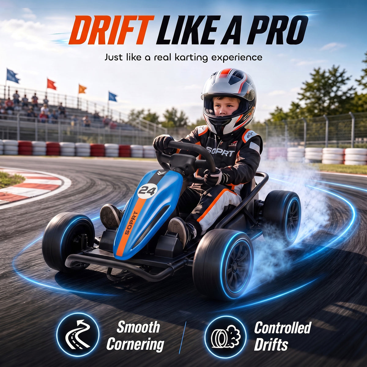 24V Electric Drift Go Kart for Kids with Dual Motors, Soft Start, PU Wheels, 7.5MPH High Speed, for Ages 6+, Blue