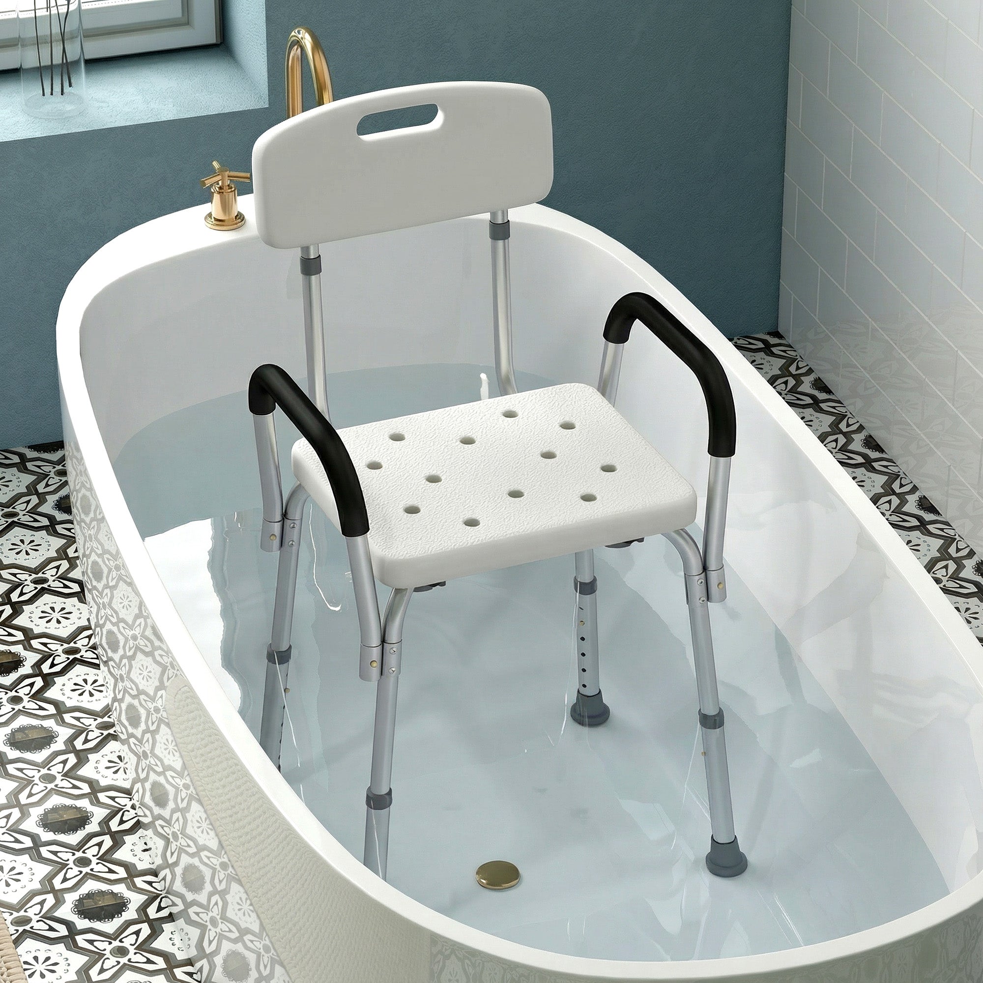 Shower Chair, Mobility Medical Grade Bath Chair, Adjustable Shower Bench with Removable Armrests for Seniors, Handicap, Disabled