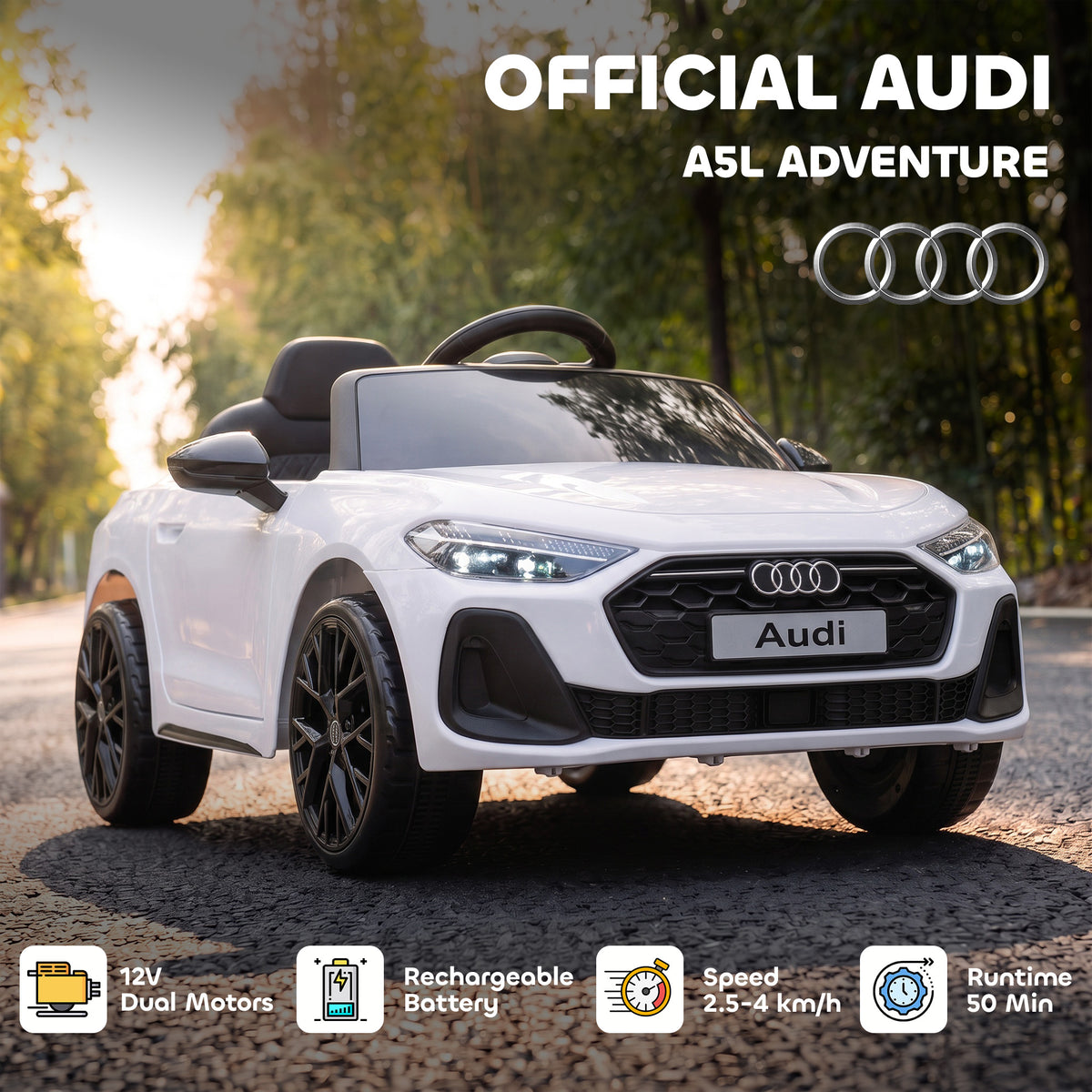 Audi A5L Licensed Electric Ride on Car for Kids 3-6 with Remote Control Dual Motors 4-Wheel Suspension Music, White