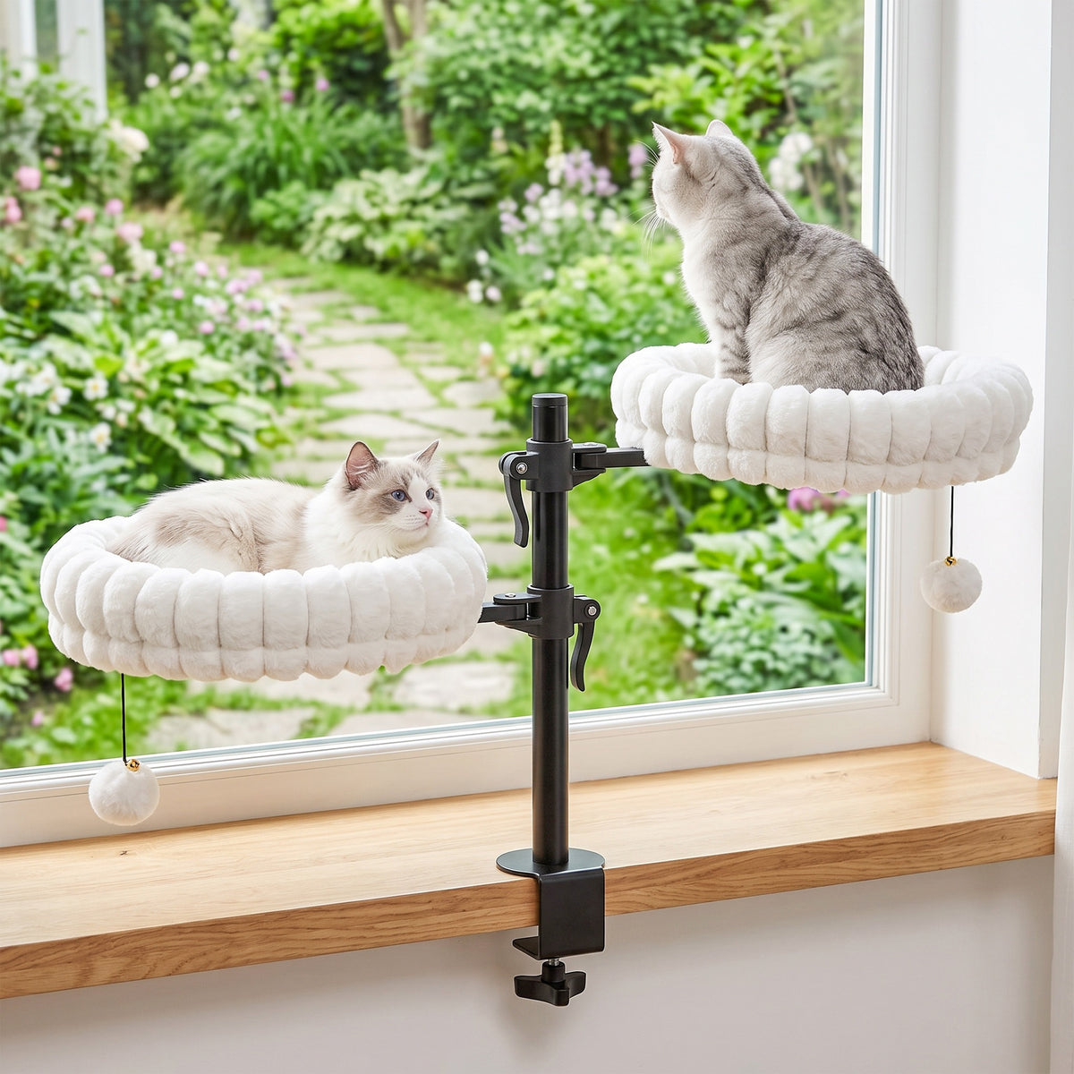 Cat Desk Bed for Indoor, Cat Hammock with 2 Removable Beds, 2 Hanging Balls for Desk, Windows, Holds Up to 24 lbs, White