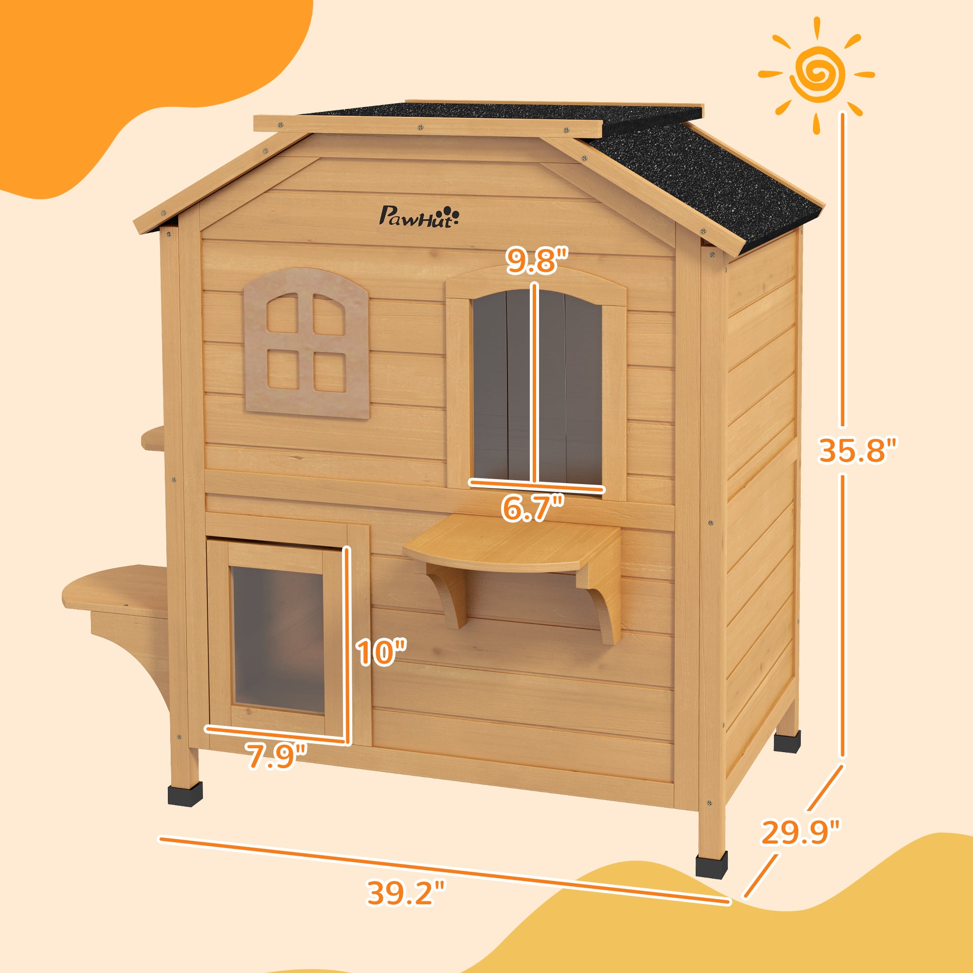 2-story Cat House Outdoor, Weatherproof Wooden Cat Enclosure for Feral Cats with Escape Door, Openable Roof, Jumping Platforms, Natural - Natural Wood - Image 3