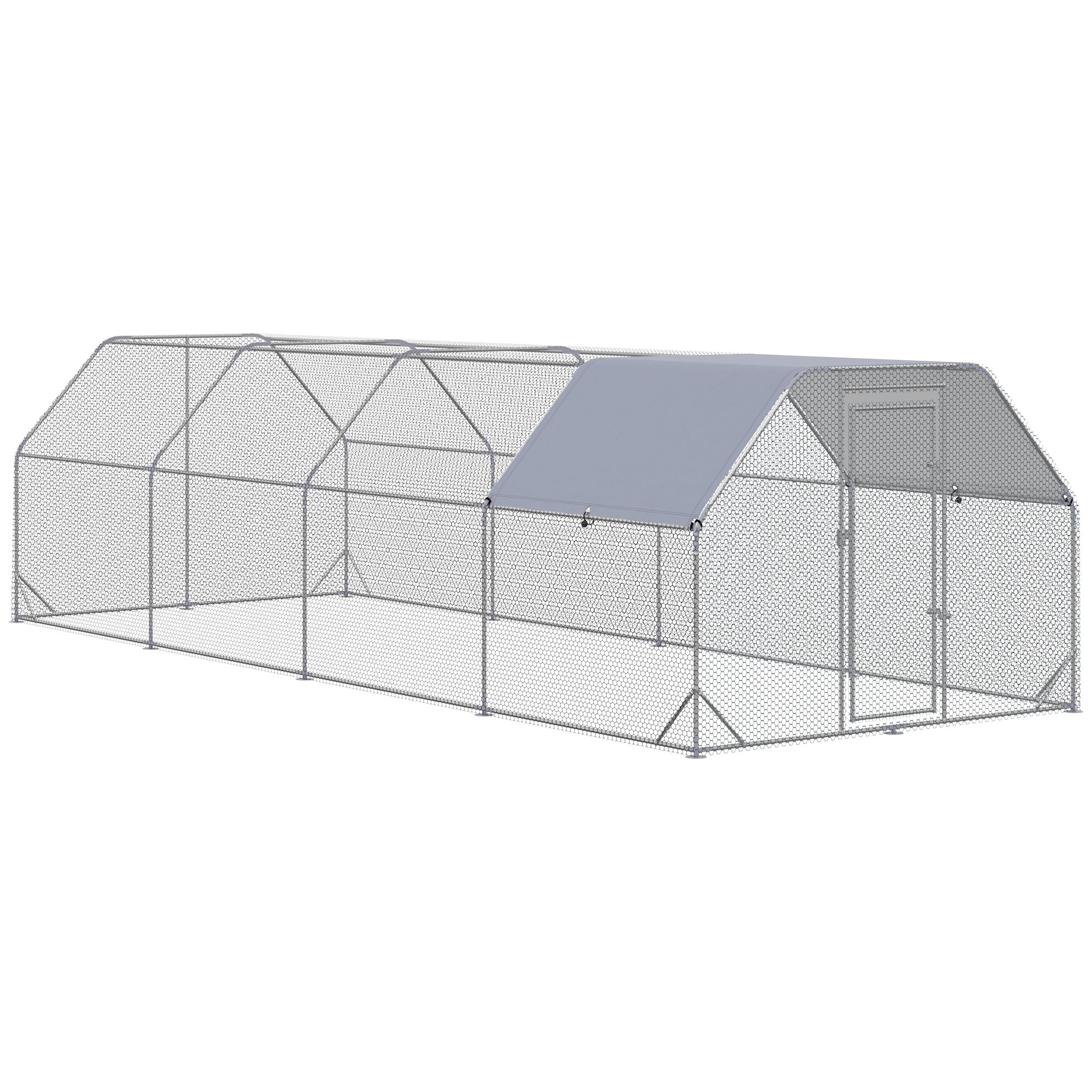 Large Chicken Coop Metal Chicken Run with Waterproof and Anti-UV Cover, Flat Shaped Walk in Fence Cage Hen House for Outdoor and Yard Farm Use, 1" Tube Diameter, 9.2' x 24.9' x 6.4' - Silver