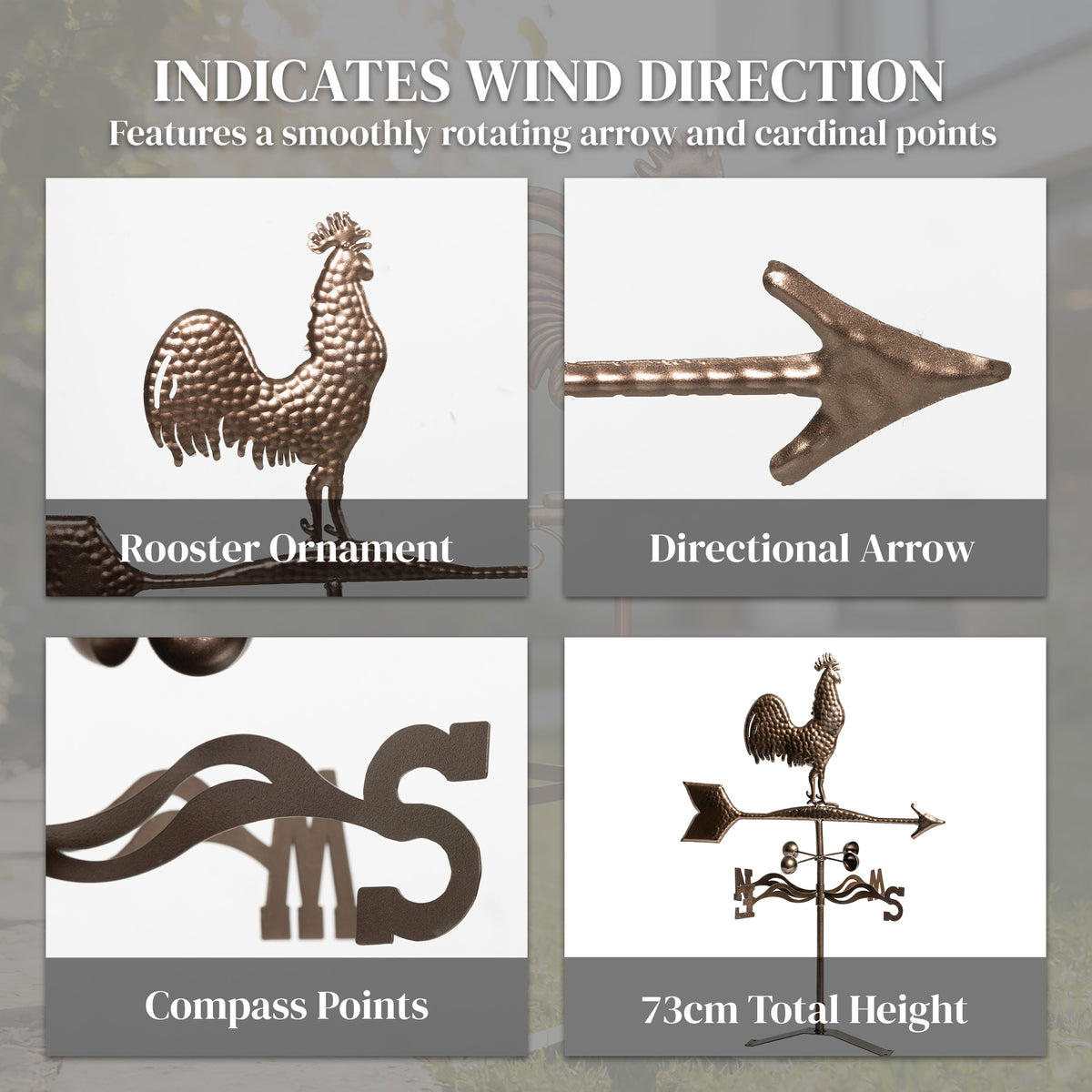 Metal Rooster Weathervane, Roof Mount Wind Direction Indicator, Outdoor Weather Vanes