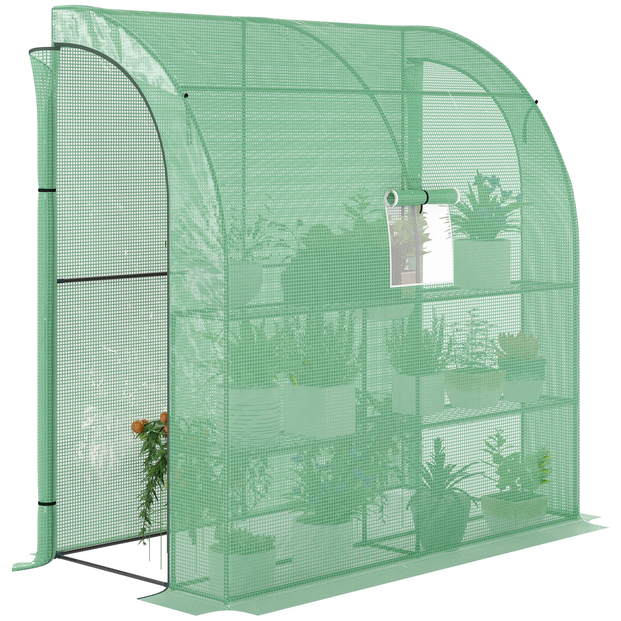 7' x 3' x 7' Lean to Greenhouse, Walk-In Green House, Plant Nursery with 2 Roll-up Doors and Windows, PE Cover and 3 Wire Shelves, Green - Green