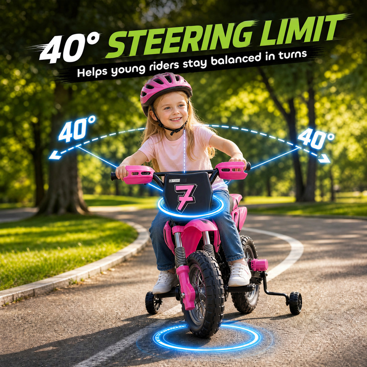 12V Kids Motorcycle, 2 x 35W Electric Dirt Bike with Training Wheels, Rear Suspension, Horn for 3-6 Years, Pink