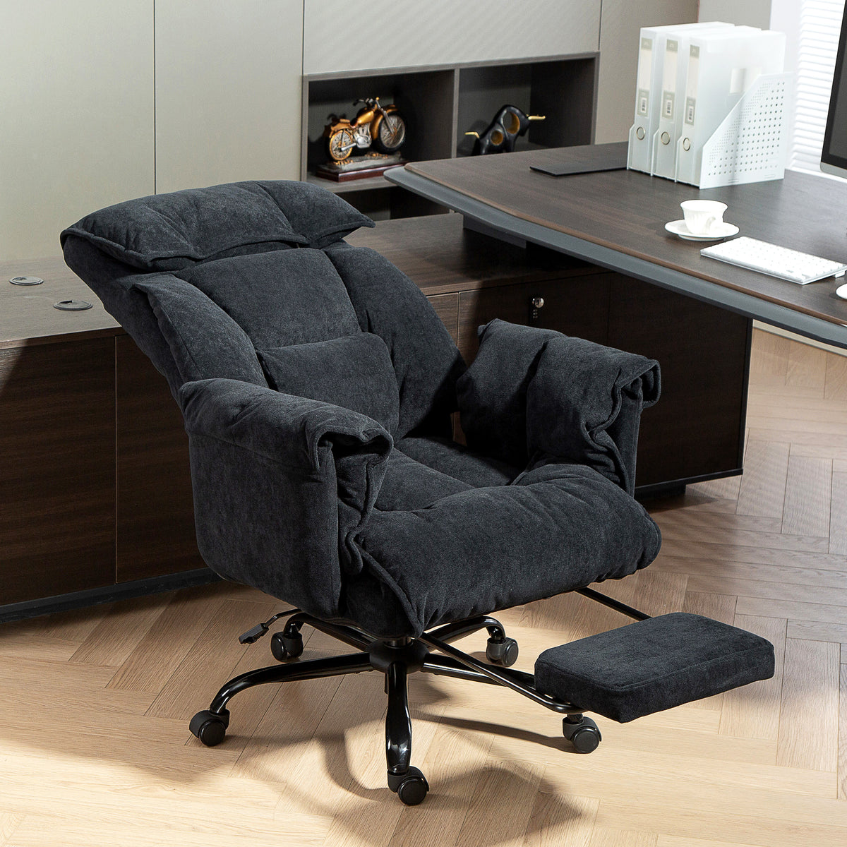 High Back Office Chair, Reclining Desk Chair with Footrest, High Resilience Foam, Rolling Wheels, Black