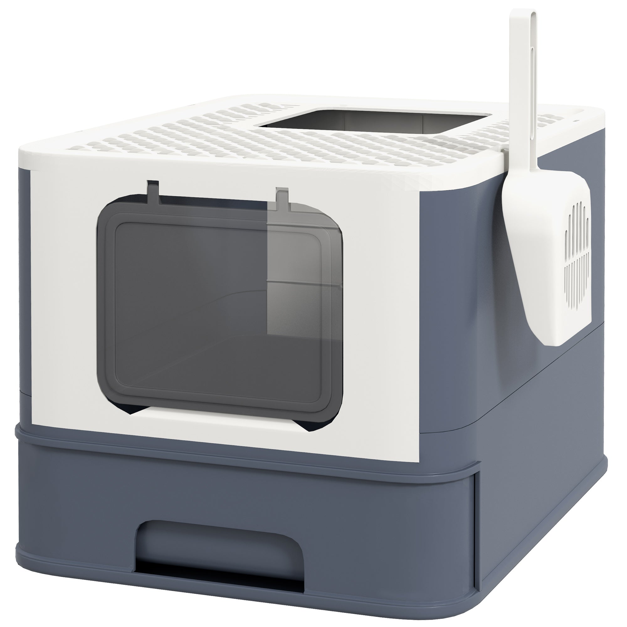 Cat Litter Box with Lid, Scoop, Front Entry, and Top Exit for Large Cats, White - White