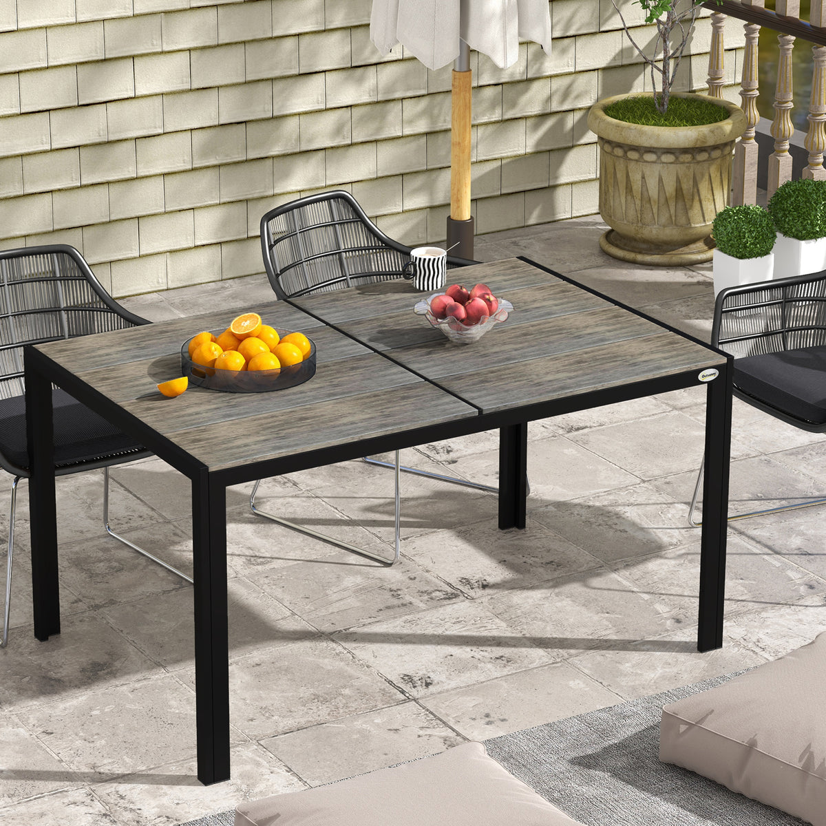 Patio Table for 6 with Aluminum Frame, Faux Wood Tabletop, Rectangular Outdoor Table for Backyard, Lawn, Balcony, Gray