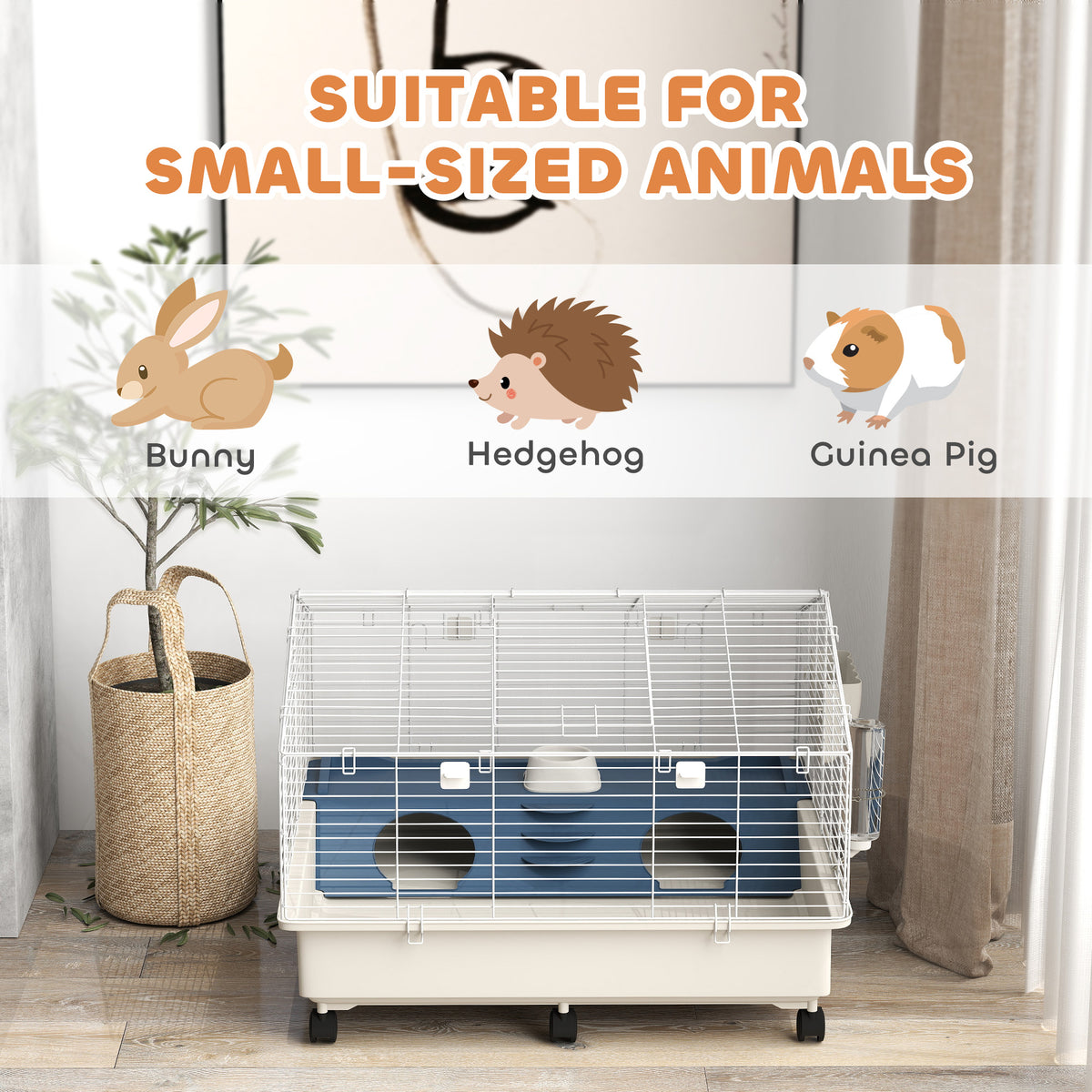 Rolling Small Animal Cage with Water Bottle, Hay Feeder, Food Dish for Rabbits, Hedgehogs, Guinea Pigs, 35" x 35" x 25"