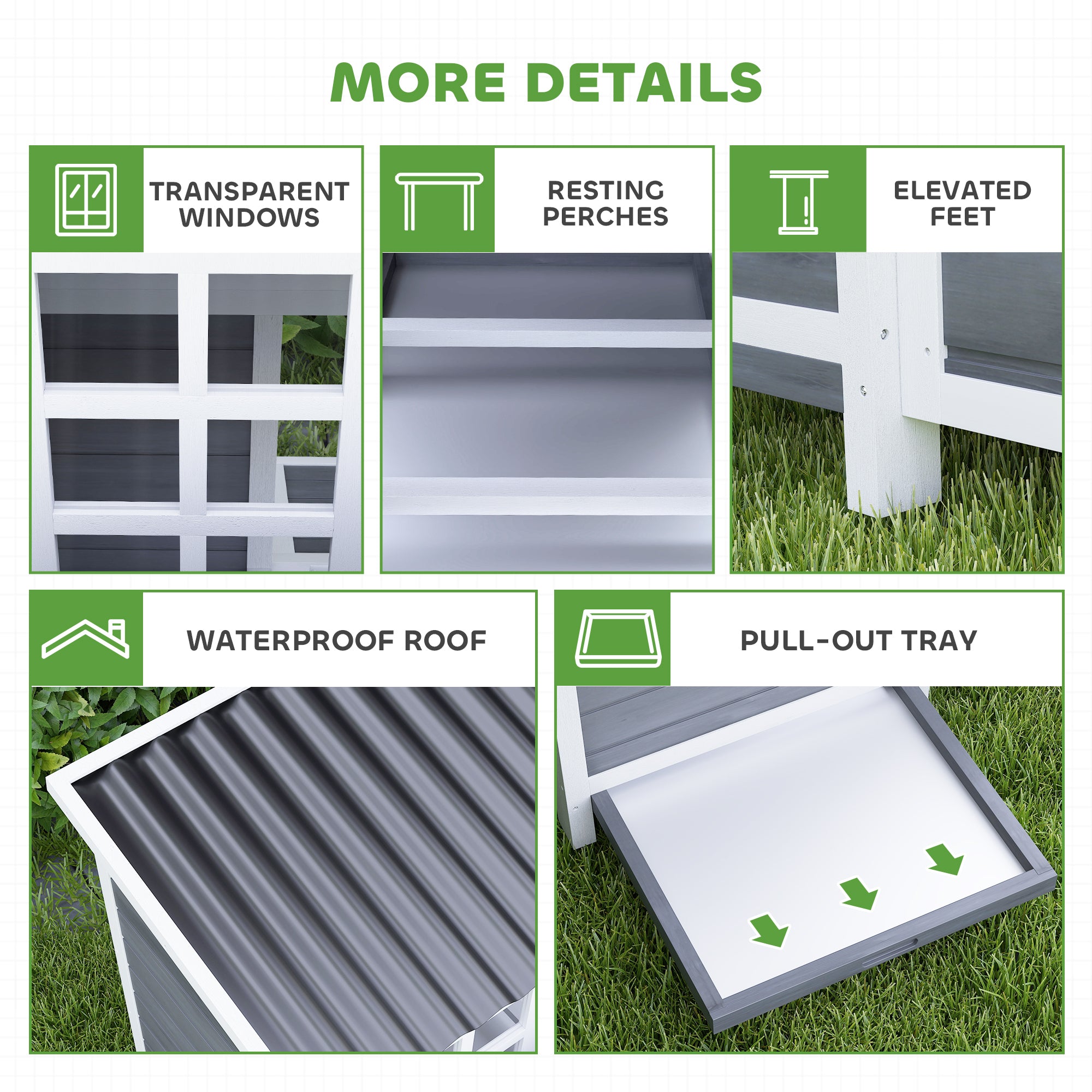 Wooden Chicken Coop with Nesting Box, Pull-Out Tray, Waterproof Roof, 39" Chicken House for 4-6 Chickens, Rabbits - Light Gray - Image 7