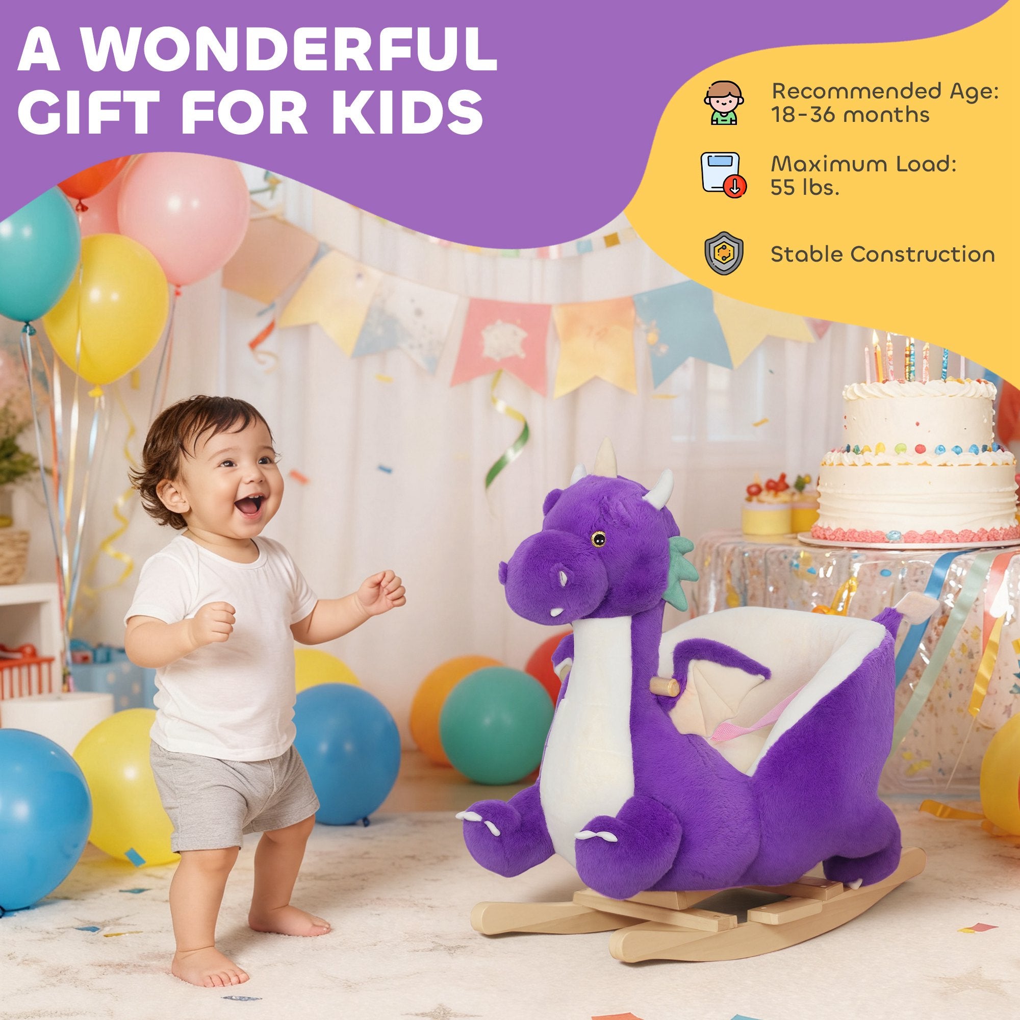 Baby Rocking Horse, Kids Ride On Dragon Toy with Realistic Dragon Roar and Safety Belt for Kids 18–36 Months, Purple