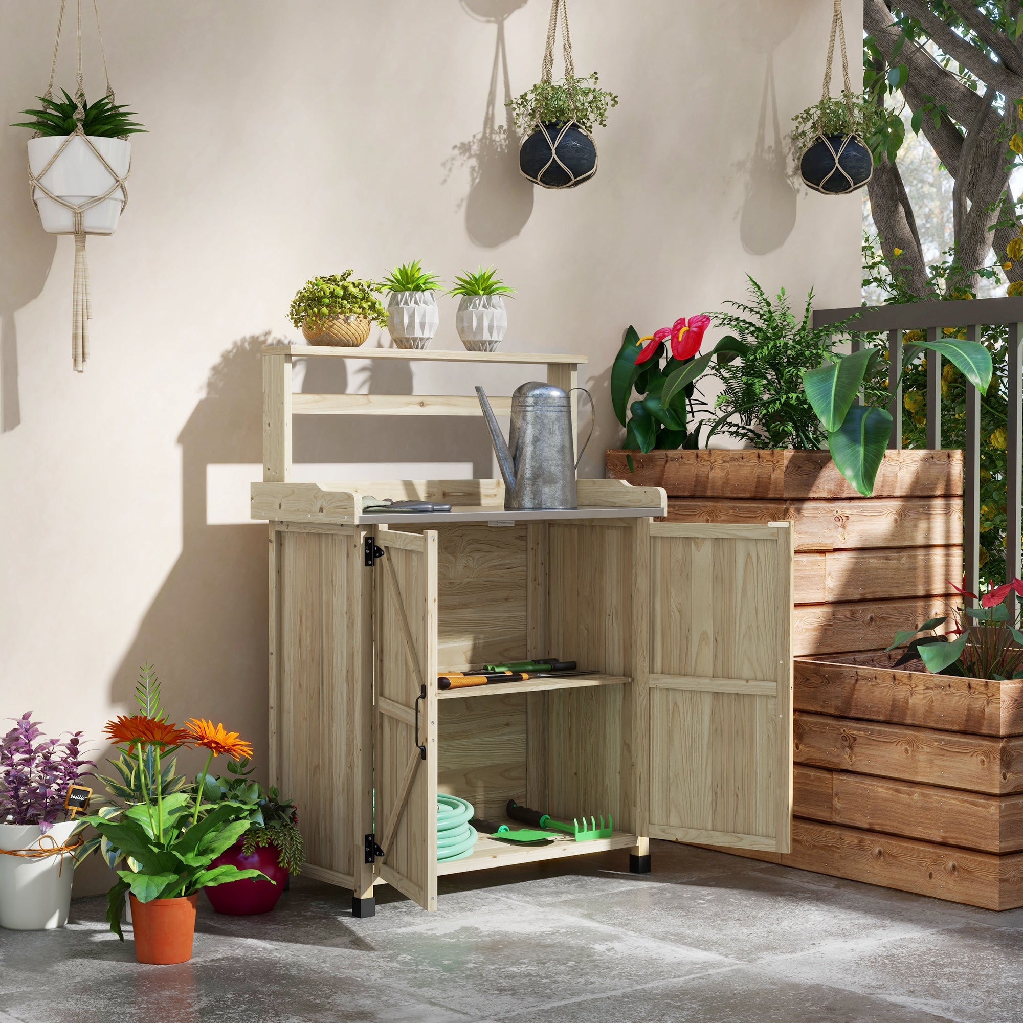 Outdoor Wooden Potting Bench with Storage Cabinet, Shelves, Galvanized Plated Tabletop for Backyard, Balcony, Natural - Natural Wood - Image 2