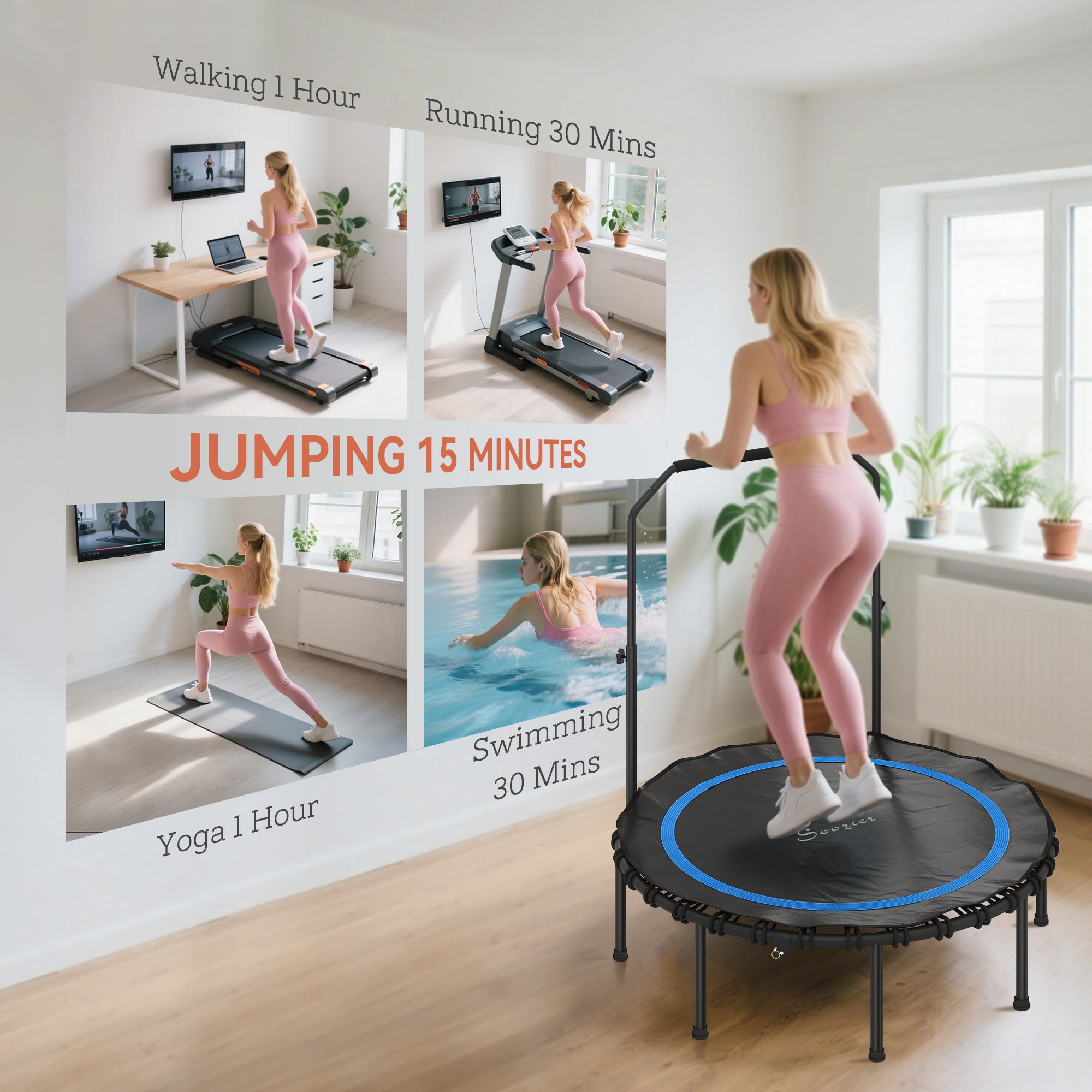 48" Rebounder Trampoline for Adults, Foldable Mini Trampoline with Adjustable Handle Bar for Indoor Outdoor, Blue