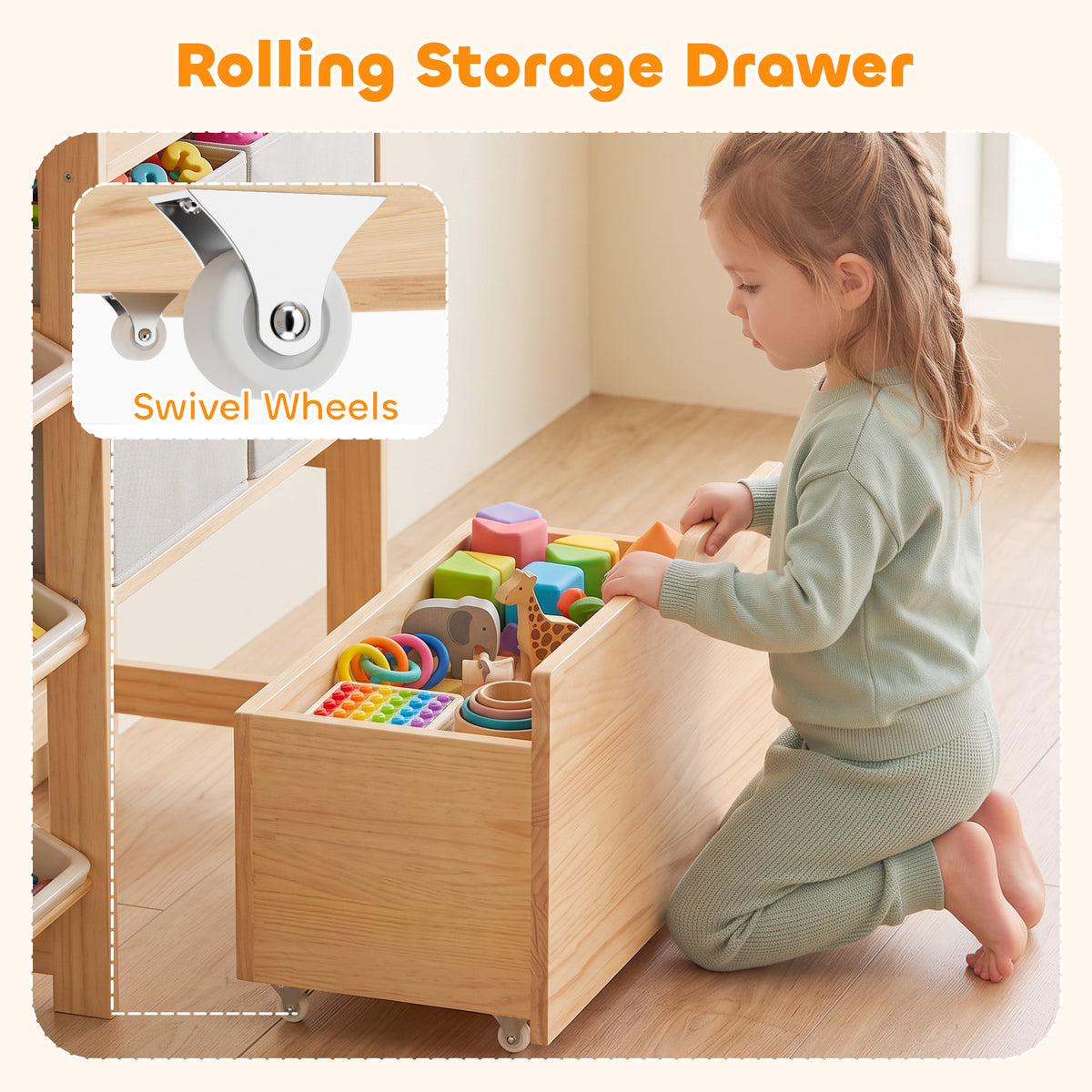 Wooden Toy Storage Organizer with Rolling Toy Chest, 2 Fabric Drawers, 2 Shelves, 9 Bins for Bedroom, Playroom, Nursery