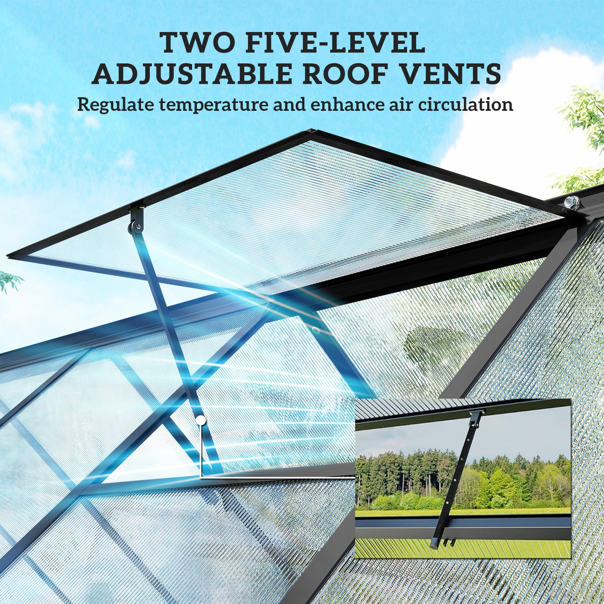 Polycarbonate Greenhouse with Swing Door and Two Adjustable Roof Vents, Aluminum Walk-in Greenhouse, 11x6 ft, Black - Black - Image 7