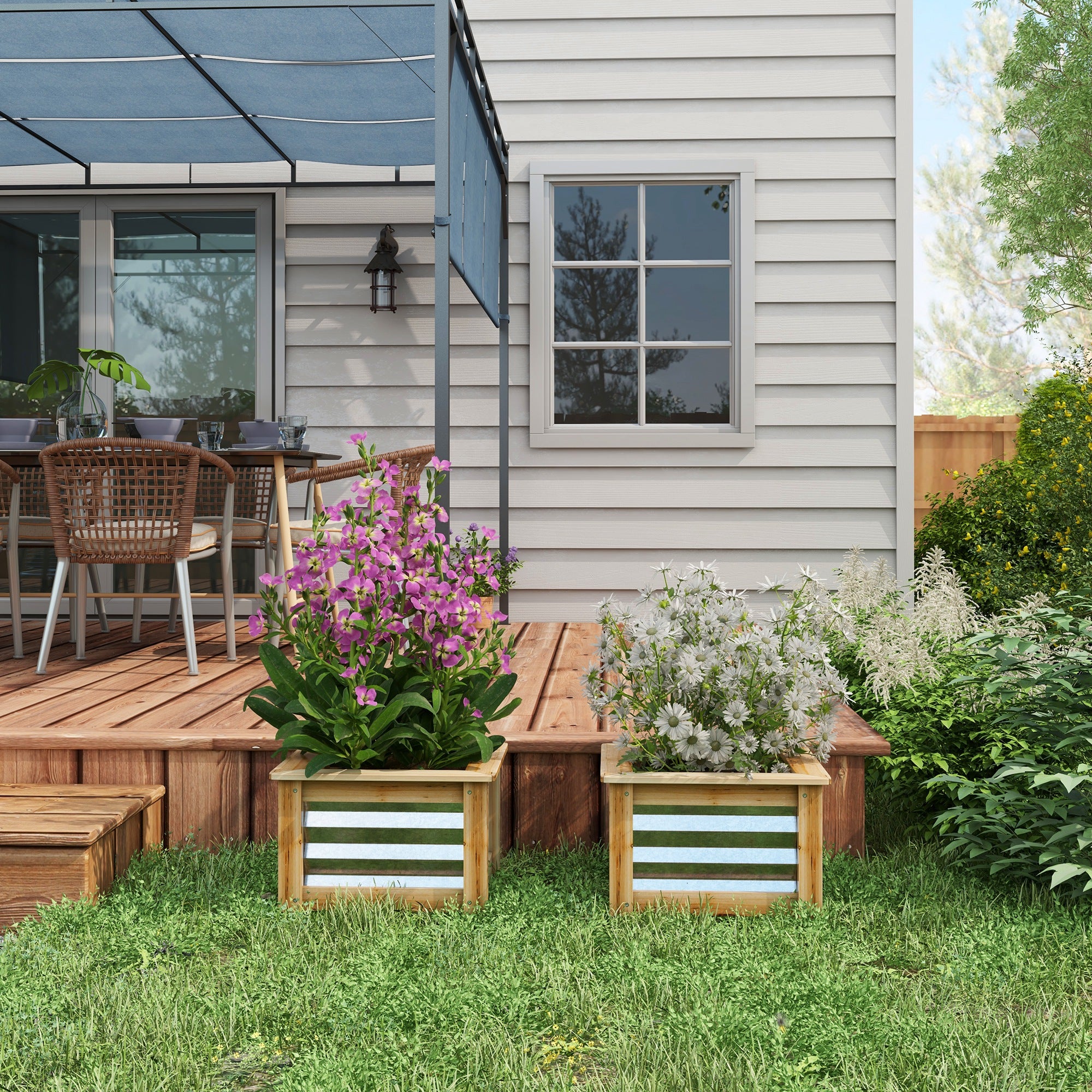 Raised Garden Beds Set of 2, Metal and Wood Combined Planter Box, for Growing Flowers, Herbs and Vegetables - Natural, Silver - Image 7