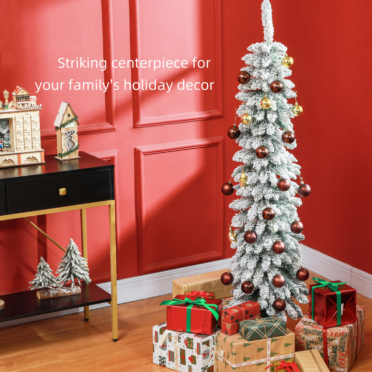 5' Tall Unlit Slim Pencil Xmas Tree, Snow-Flocked Artificial Christmas Tree with Realistic Branches and 301 Tips, Green