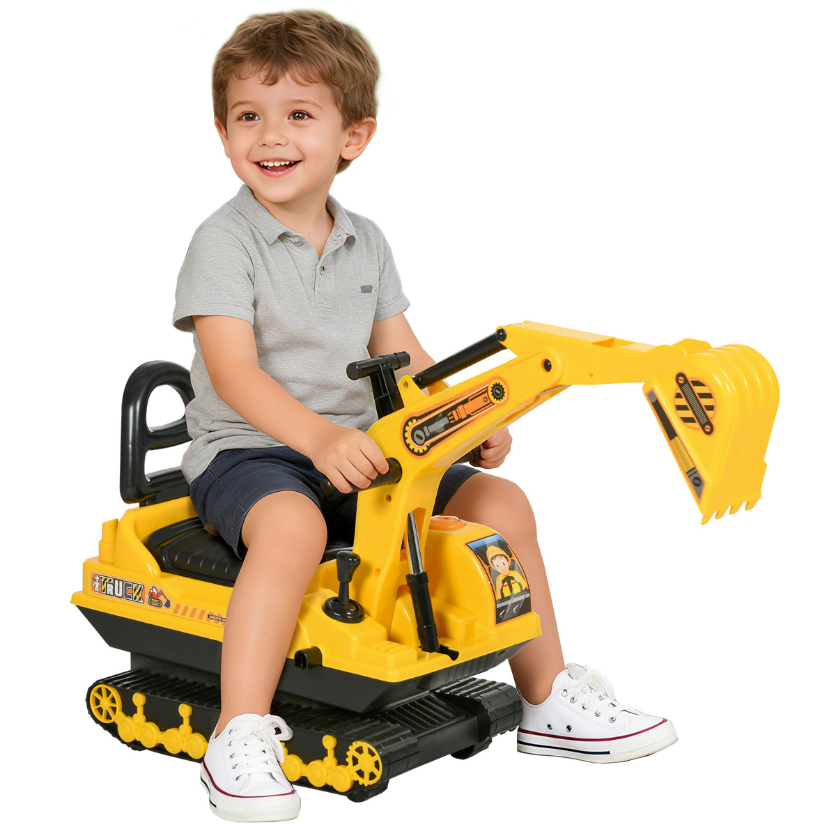 Qaba No Power Ride On Excavator Toy Tractors Digger Movable Scooter Walker Pretend Play Toddler Construction Truck Basket Storage For Boys Girls 18-48 Months Yellow Black