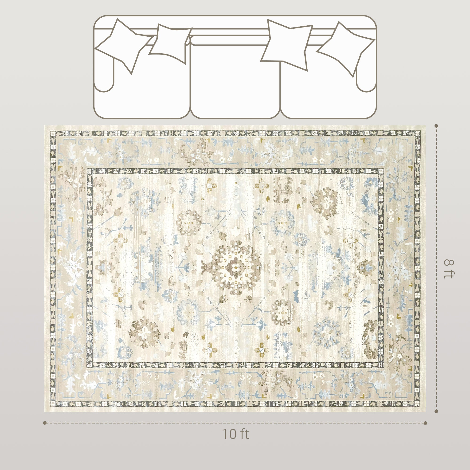 8x10 Area Rug, Indoor Boho Machine Washable Carpet for Living Room, Bedroom, Dining Room, Kitchen, Blue