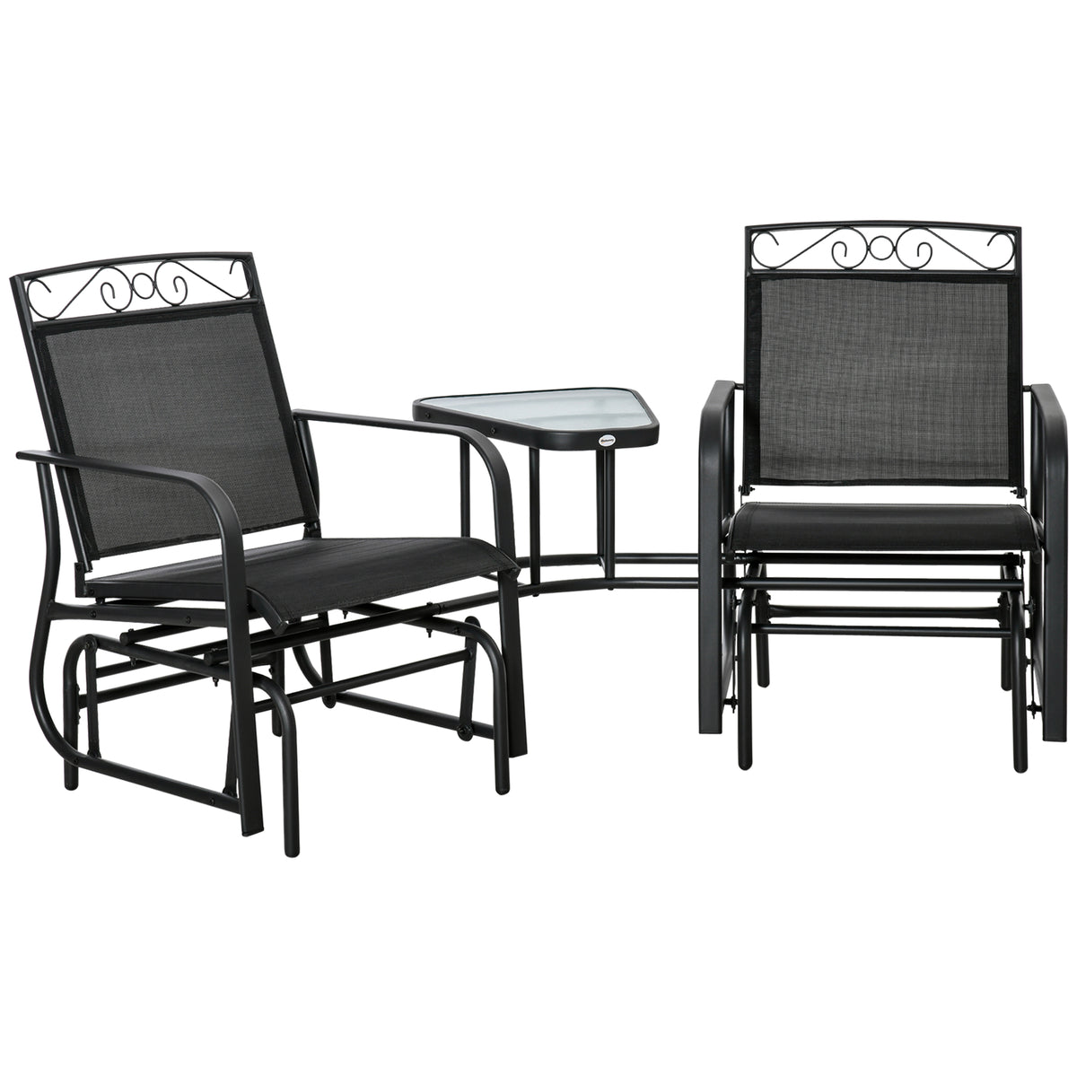 Outdoor Glider Chairs with Coffee Table, Patio 2-Seat Rocking Chair Swing with Breathable Sling for Backyard, Black