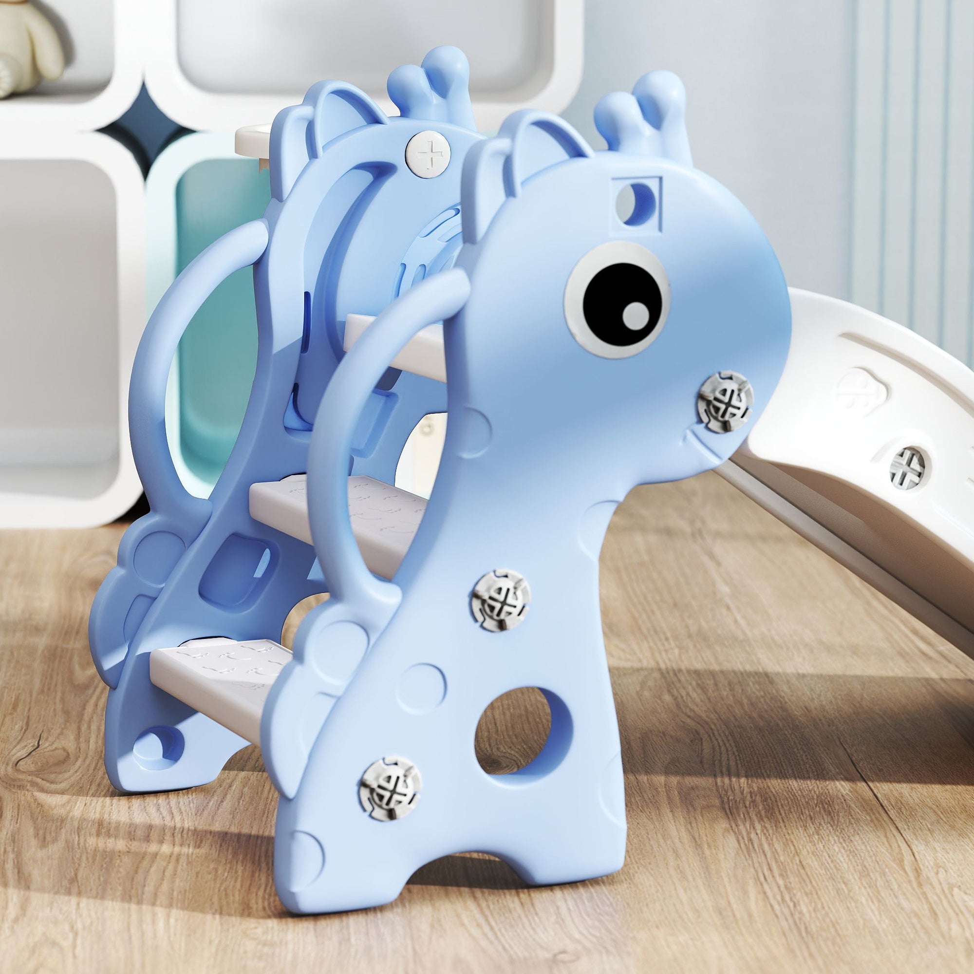 3-in-1 Toddler Slide for Age 1-3, Freestanding Kids Slide with Climber, Basketball Hoop and Ball, Giraffe Design, Blue