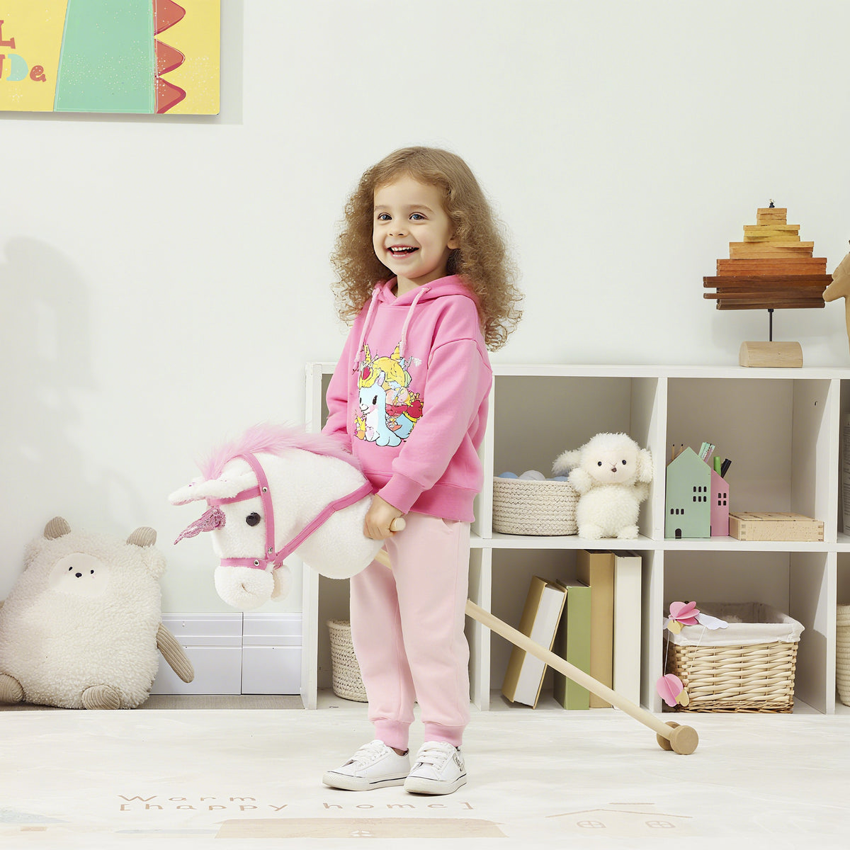 Stick Horse, Plush Handcrafted Hobby Horse with Wood Wheels, Real Pony Neighing and Galloping Sounds for Kids, White