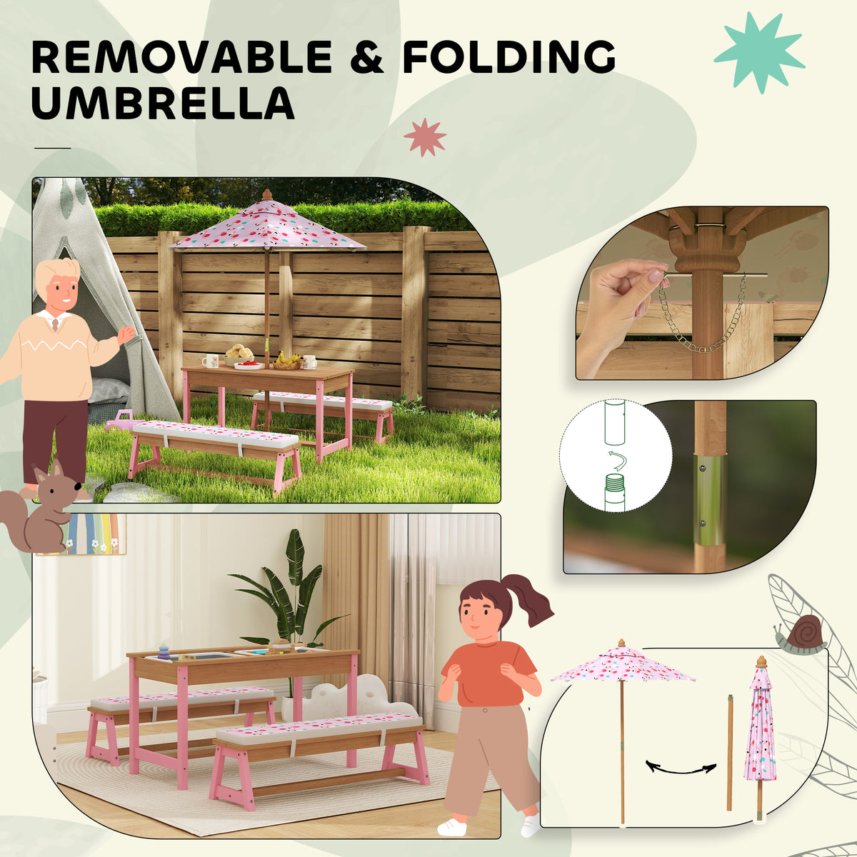 Qaba Kids Picnic Table Set with Foldable Umbrella, Removable Cushions & Boxes, Flamingo Theme, Pink