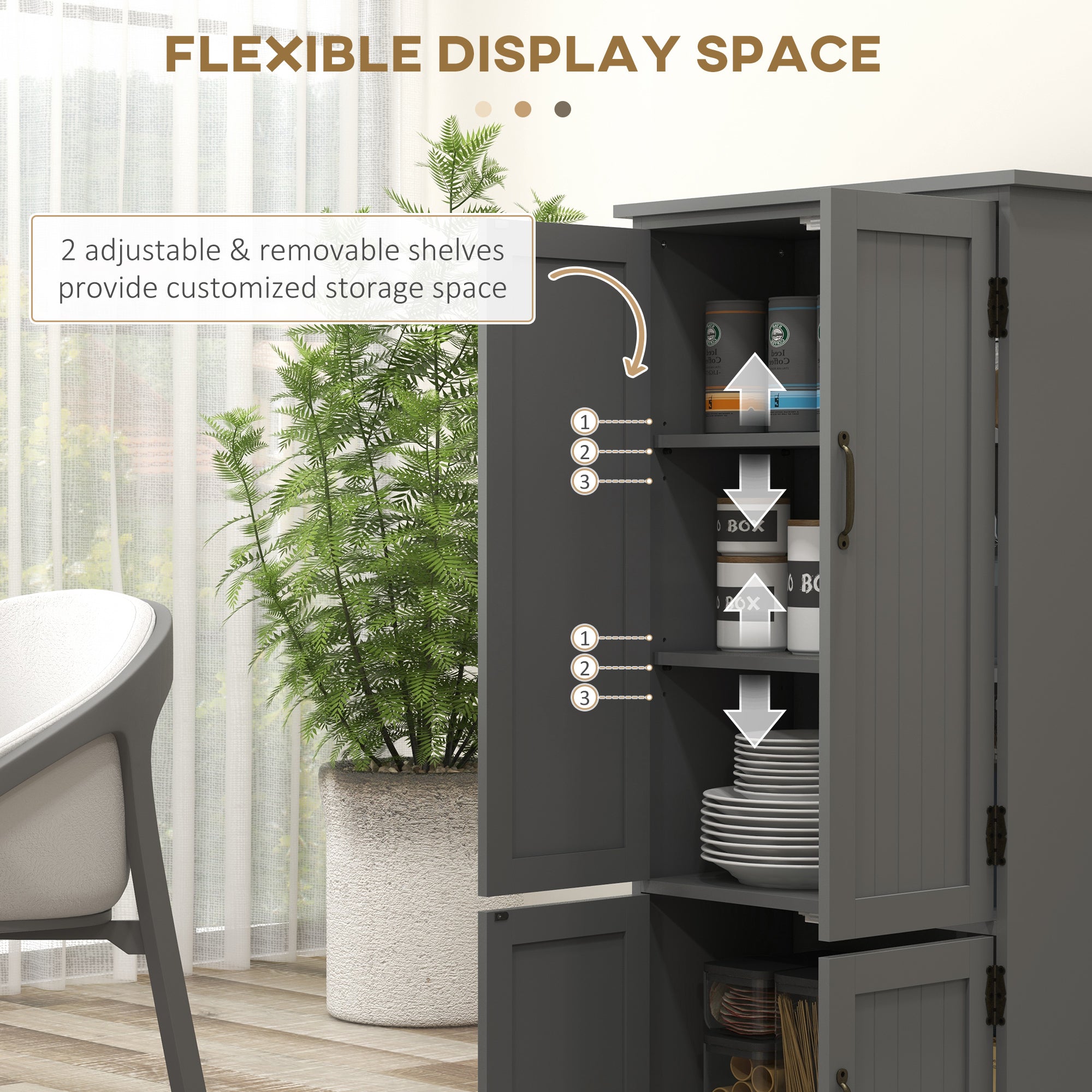 Accent Floor Storage Cabinet Kitchen Pantry with Adjustable Shelves and 2 Lower Doors, Gray
