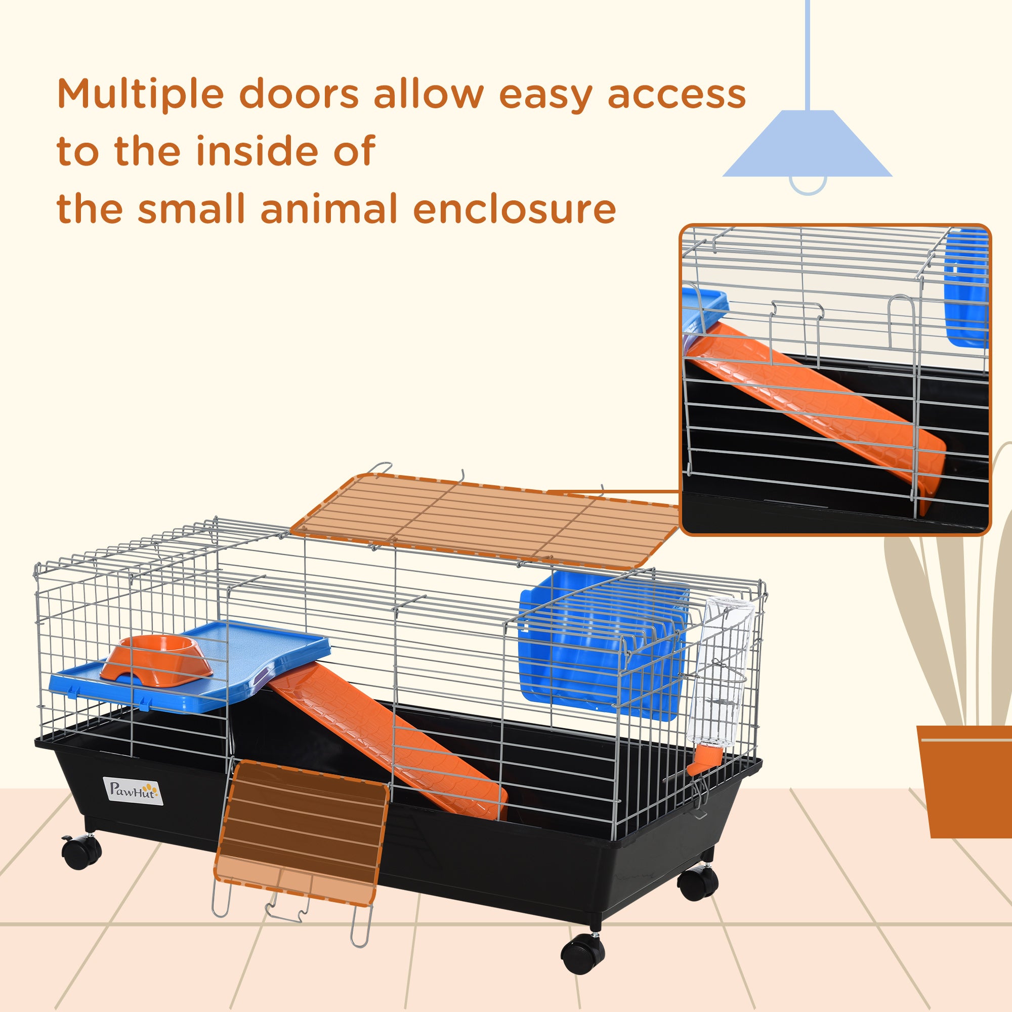 35"L Small Animal Cage with Food Dish, Water Bottle, Hay Feeder, Platform, Ramp for Chinchilla, Black - Black - Image 7