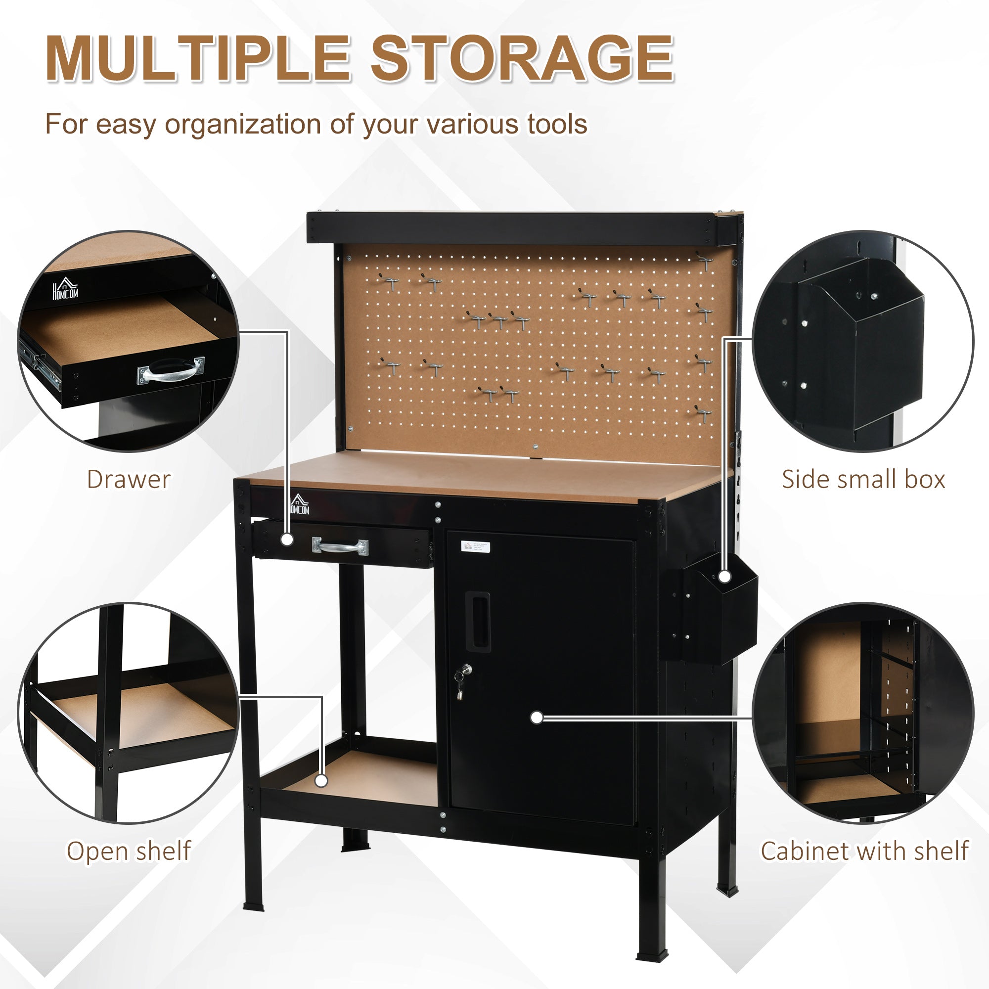 Multipurpose Workbench, Workshop Tool Table with Slide Drawer. Peg Board, Storage Cabinet with Keys