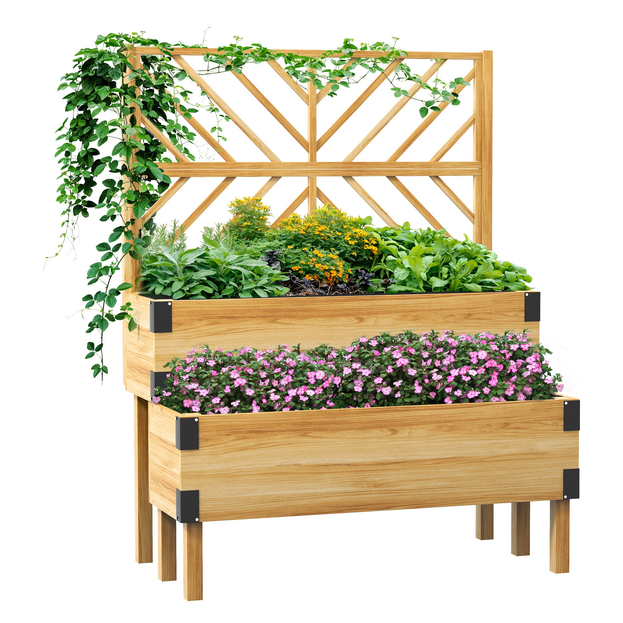 2 Tier Trellis Planter, Wooden Raised Garden Bed, Natural - Natural Wood