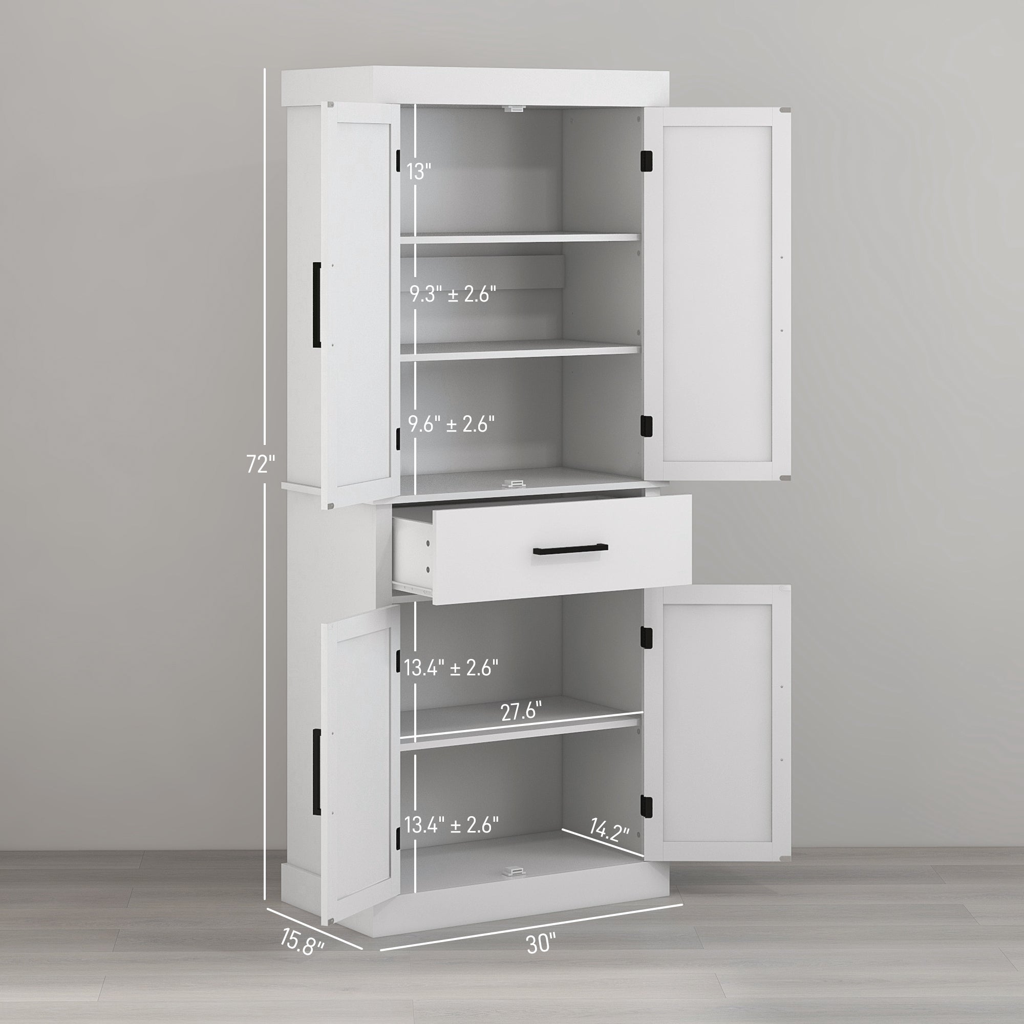 72" Tall Kitchen Cabinet, Kitchen Pantry Cabinet with Barn Doors, Drawer, 5-Tier Shelf and Adjustable Shelves, White