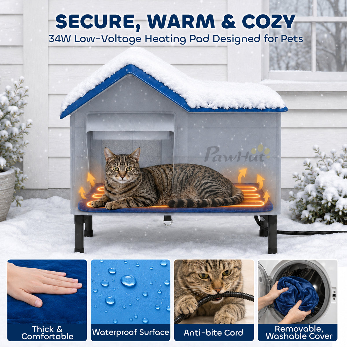 Heated Cat House Weatherproof with Heating Pad, Elevated Base, Safe Escape Door, for Stray, Barn Cats