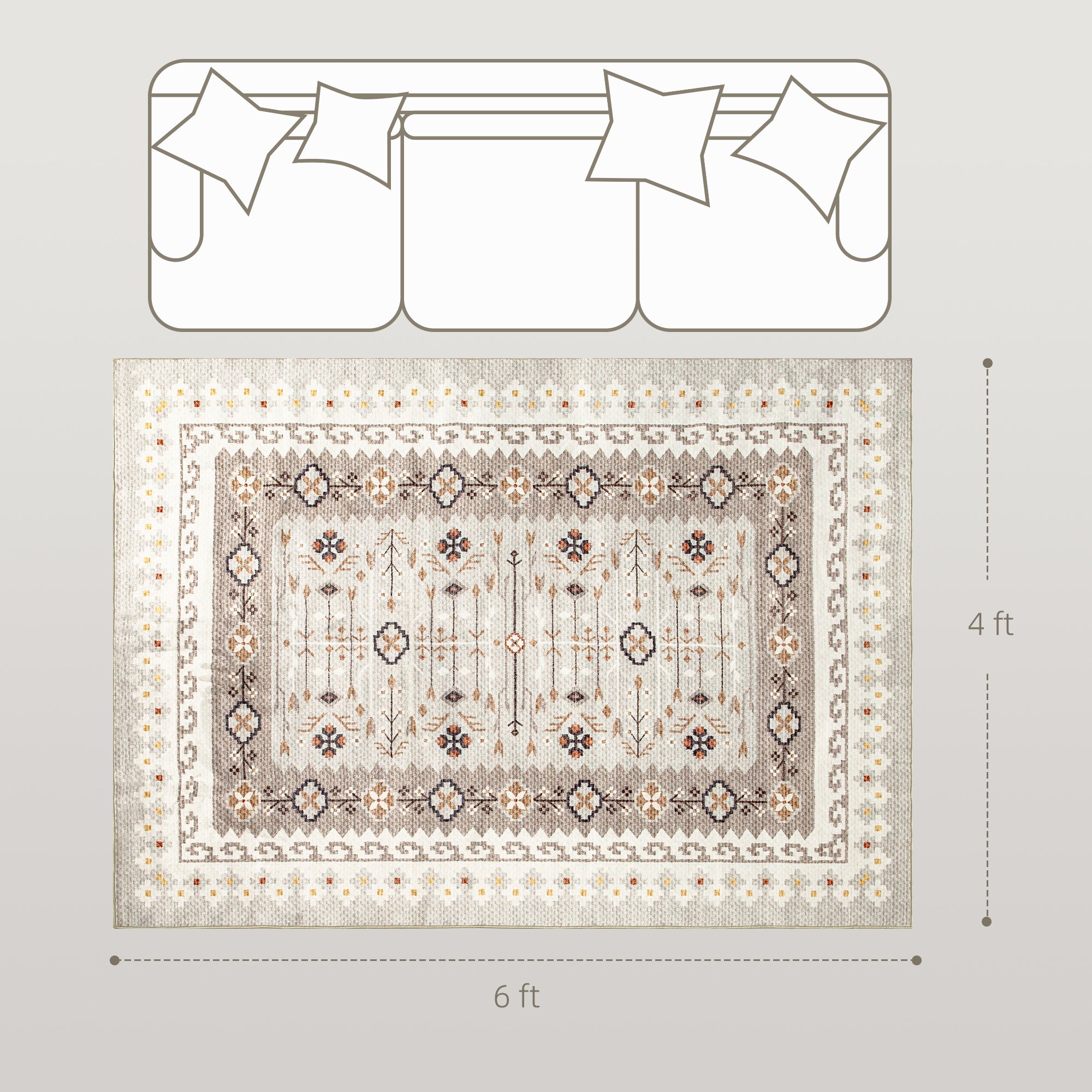 Machine Washable Area Rug 4x6, Non-Slip Boho Flannel Print Floor Carpet for Living Room, Bedroom, Dining Room, Brown