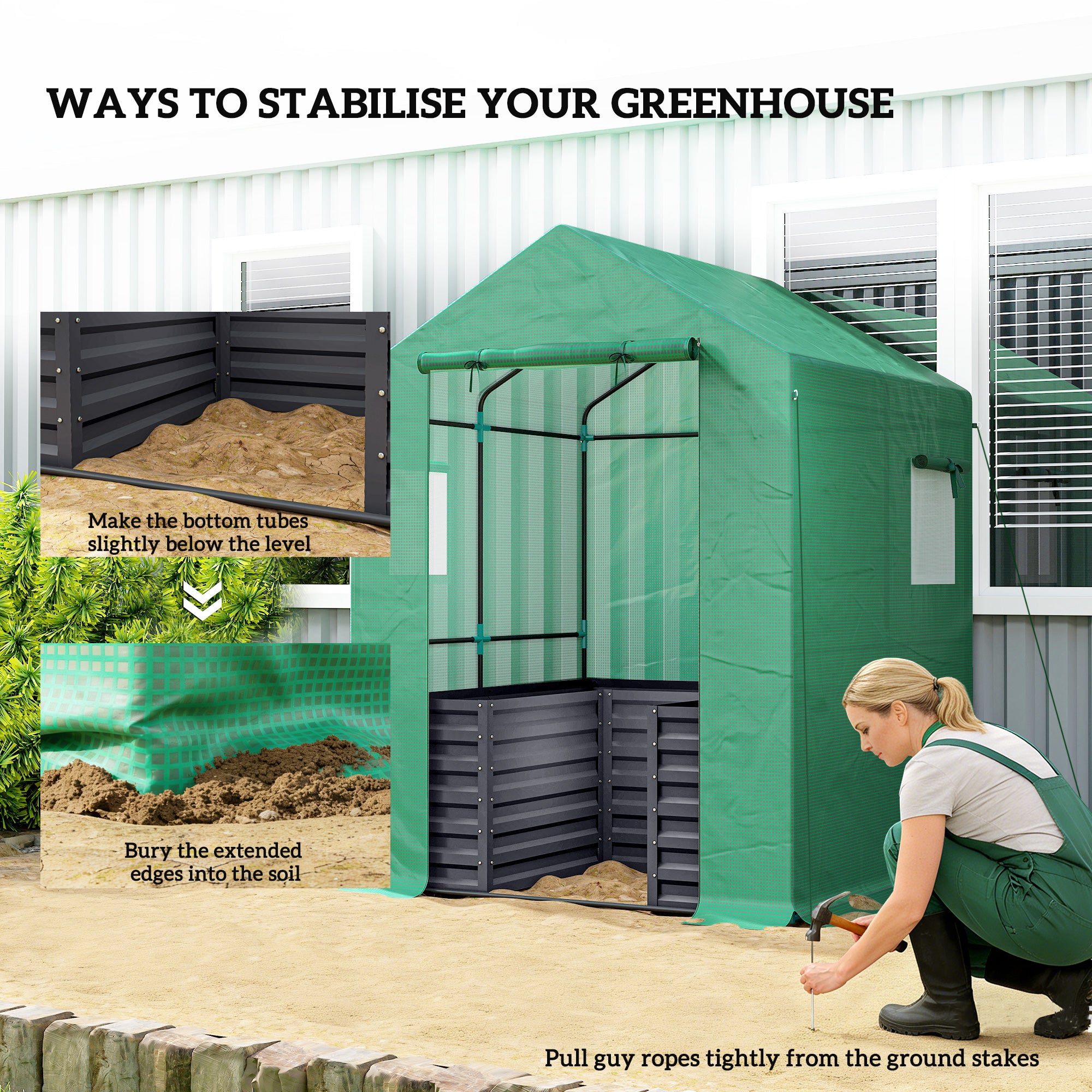 Greenhouse with Raised Garden Bed, Galvanized Steel Outdoor Greenhouse with Roll Up Door, 56" x 56" x 75", Dark Gray - Dark Gray - Image 8