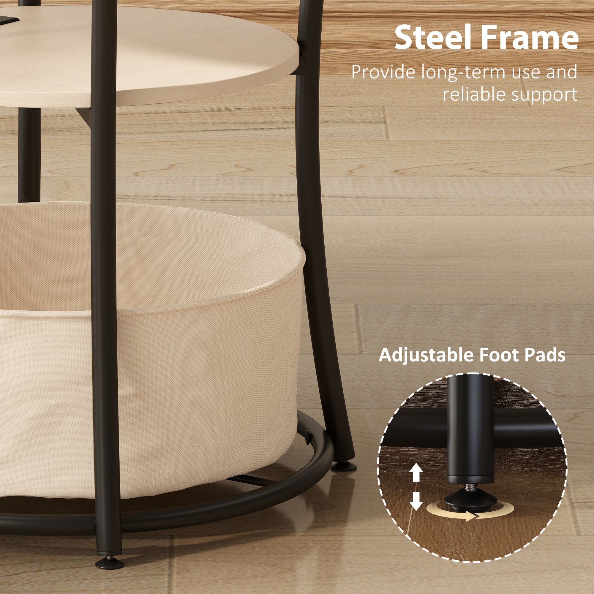 Round Side Table with Charging Station, 3-Tier End Table with Fabric Storage Bag and Shelf, Natural Wood