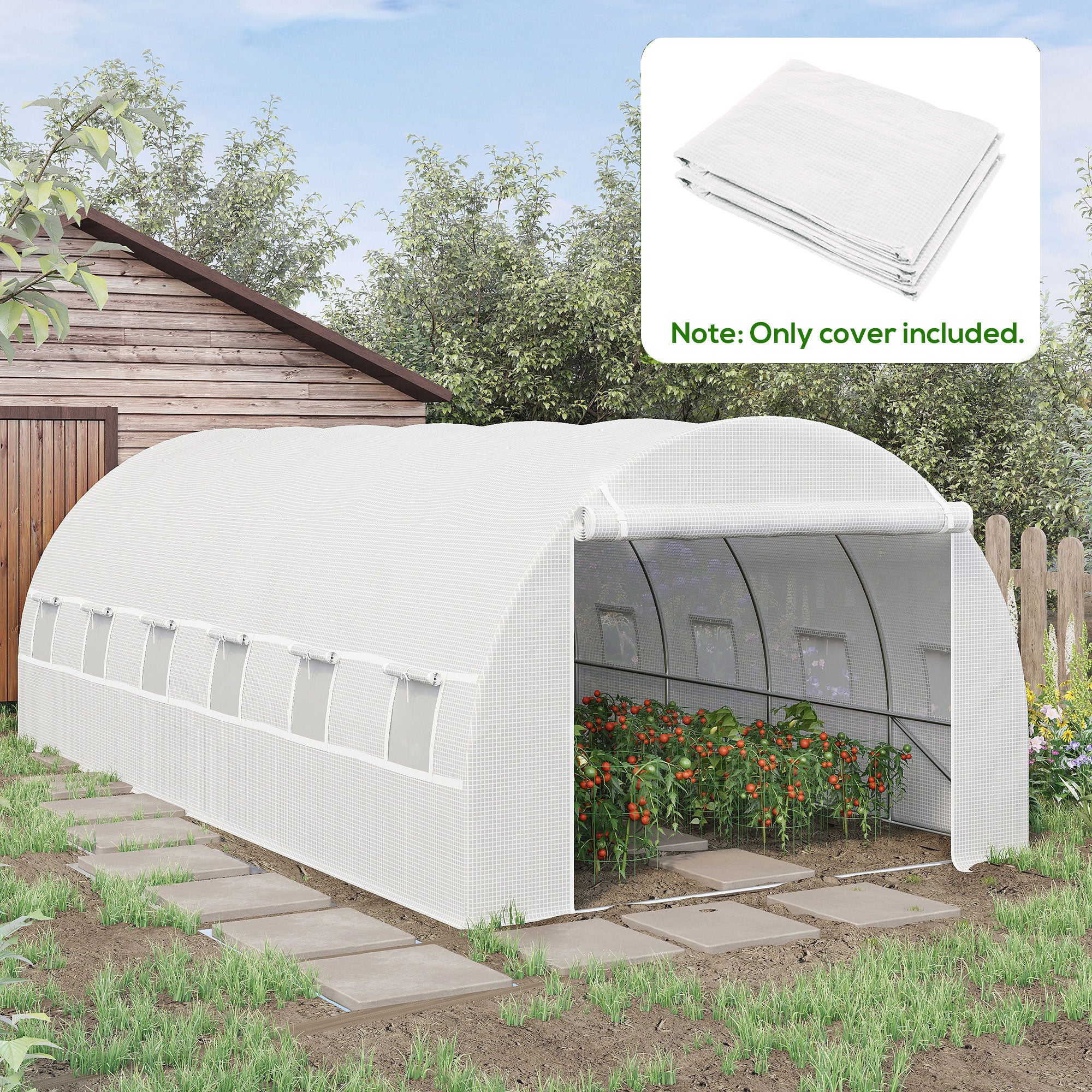 19.7' x 9.8' x 6.6' Plastic Greenhouse Cover Replacement, Heavy Duty Waterproof Tarp for Hoop House, Sheeting with 12 Windows, Door & Reinforcement Grid, White - White - Image 2