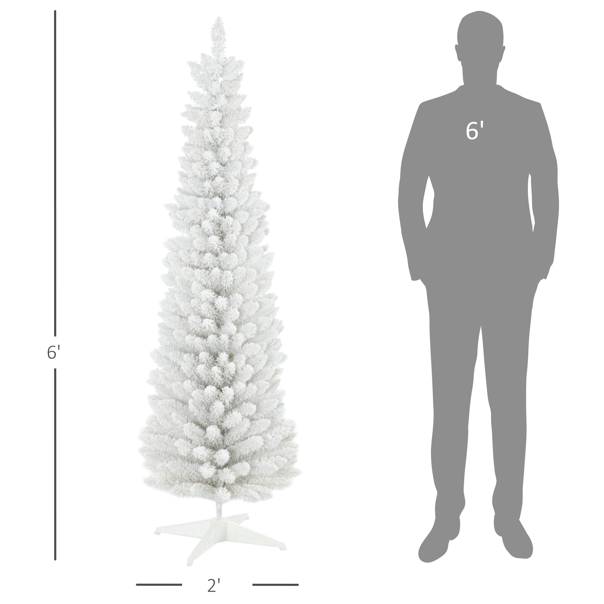 6' Decorated Christmas Tree Snow Flocked Artificial Christmas Tree with Pencil Shape, Realistic Branches, White