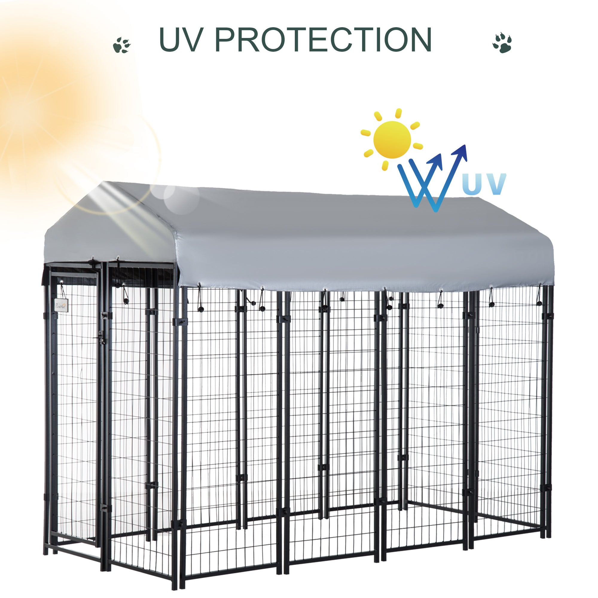 Outdoor Dog Kennel with Roof, 8' x 4' x 6' Heavy Duty Welded Wire Dog Playpen Enclosure with Escape-proof Lock, UV-Resistant & Waterproof Cover, for Large Dogs, Silver - Silver - Image 6