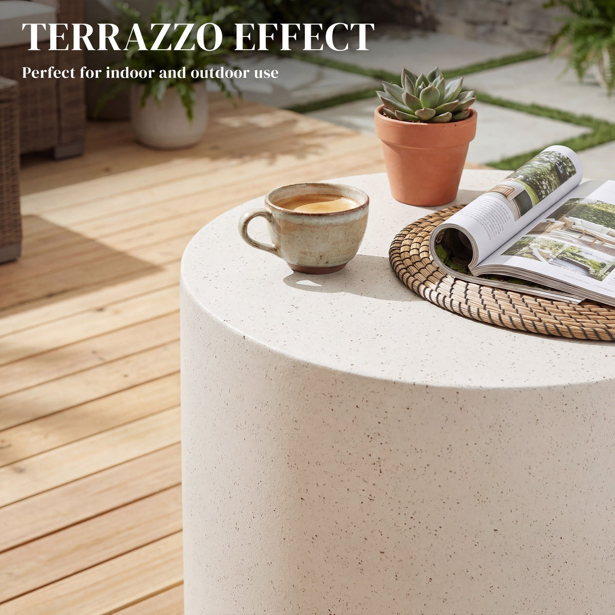 Lightweight Accent Table with Concrete Finish Round Side Table, Cream White