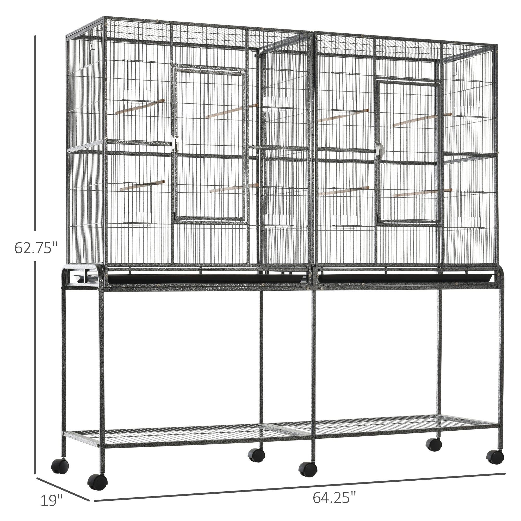 Rolling 65"L Bird Cage w/ Storage Shelf Wood Perch Food Container - Black, Gray - Image 3