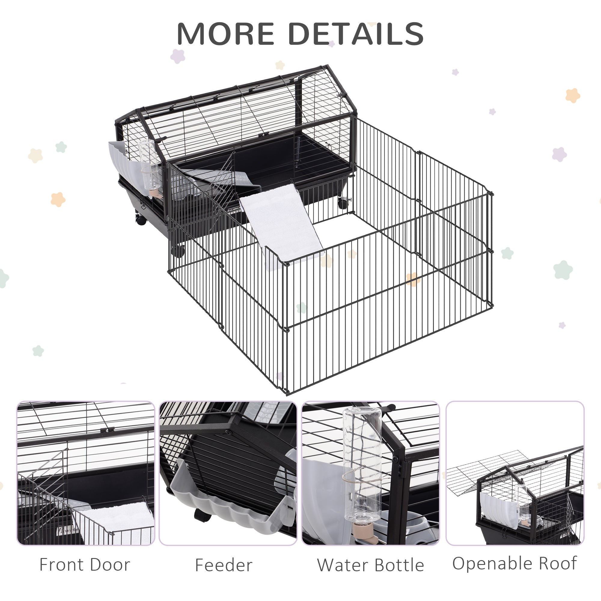 Rolling Metal Rabbit, Guinea Pig, or Small Animal Hutch Cage with Main House and Run - Black and Beige - Image 7
